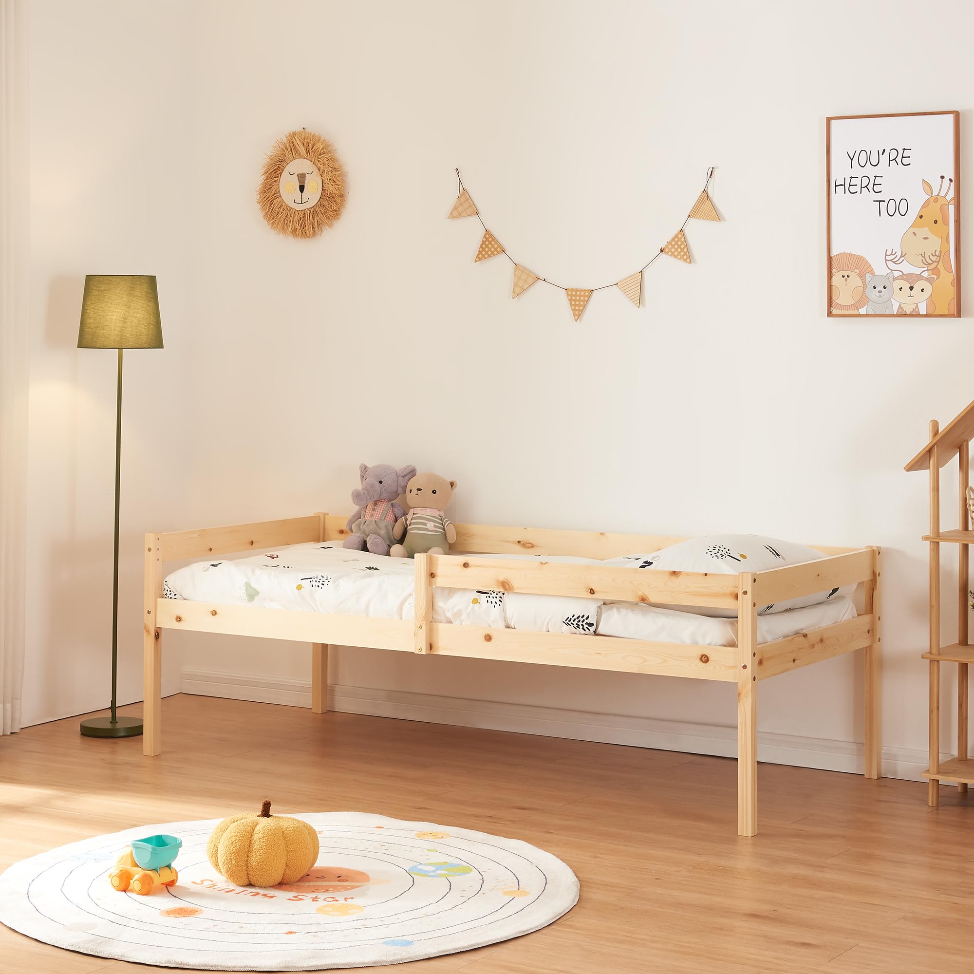 [en.casa] Podwójne łóżko dziecięce Sonkajärvi z szufladami i wysuwanym łóżkiem, rama łóżka z drewna sosnowego z dodatkowym łóżkiem, 90 x 200 cm, kolor naturalny