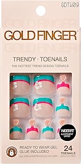 GoldFinger 24 Pcs Press On Toenails, Wide Fit Fake Nails, French Tip Gel Stick On Extensions, Reusable DIY Pedicure False Nail Kit with Glue, Cuticle Stick & File, 7 Day Long Lasting Wear