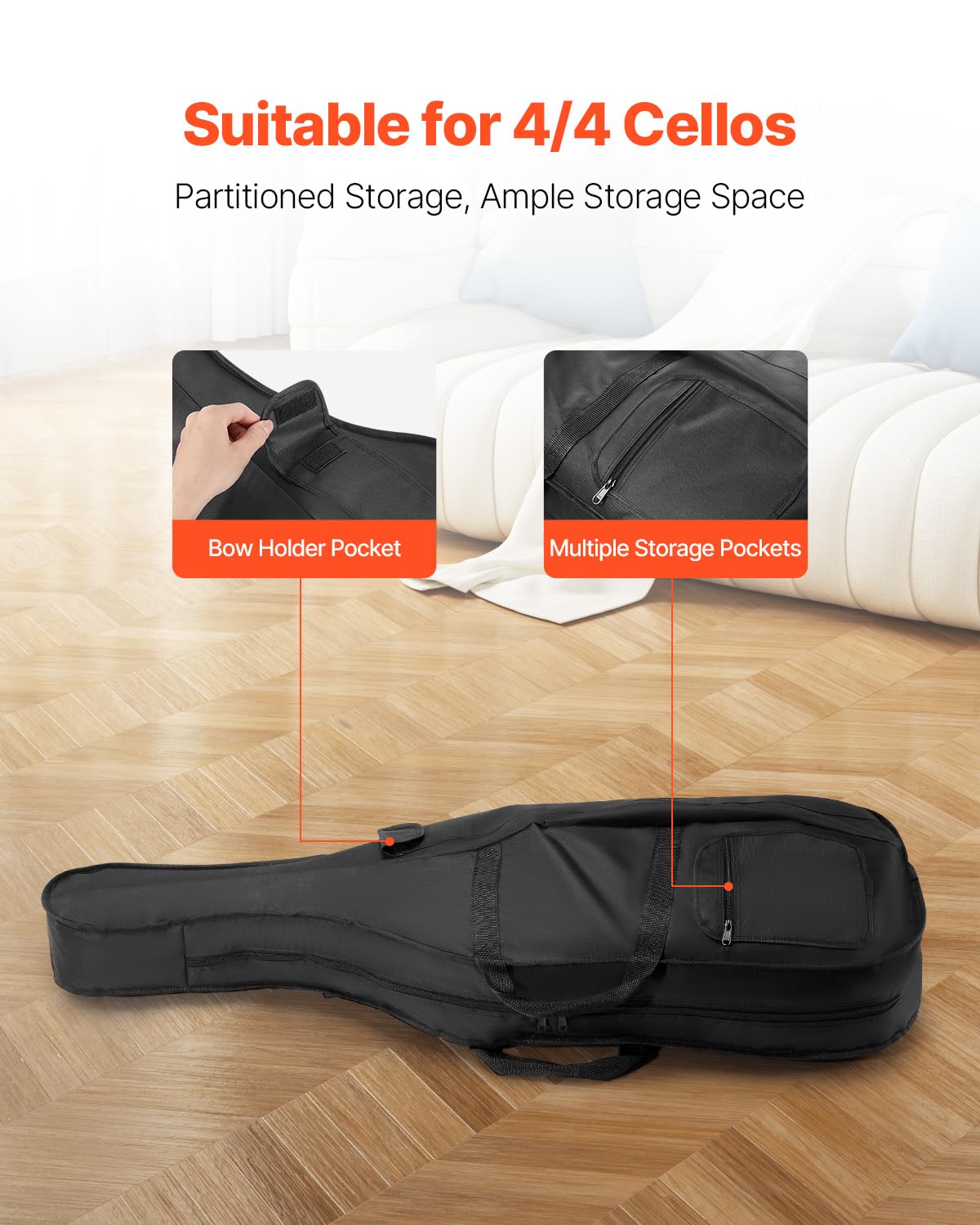 VEVOR Custodia per Violoncello 4/4 Dimensione Completa, Impermeabile Leggera Portatile in Nylon, con Maniglia Rinforzata, Doppie Tracolle, Antigraffio, Professionale a Forma di Violoncello Nero