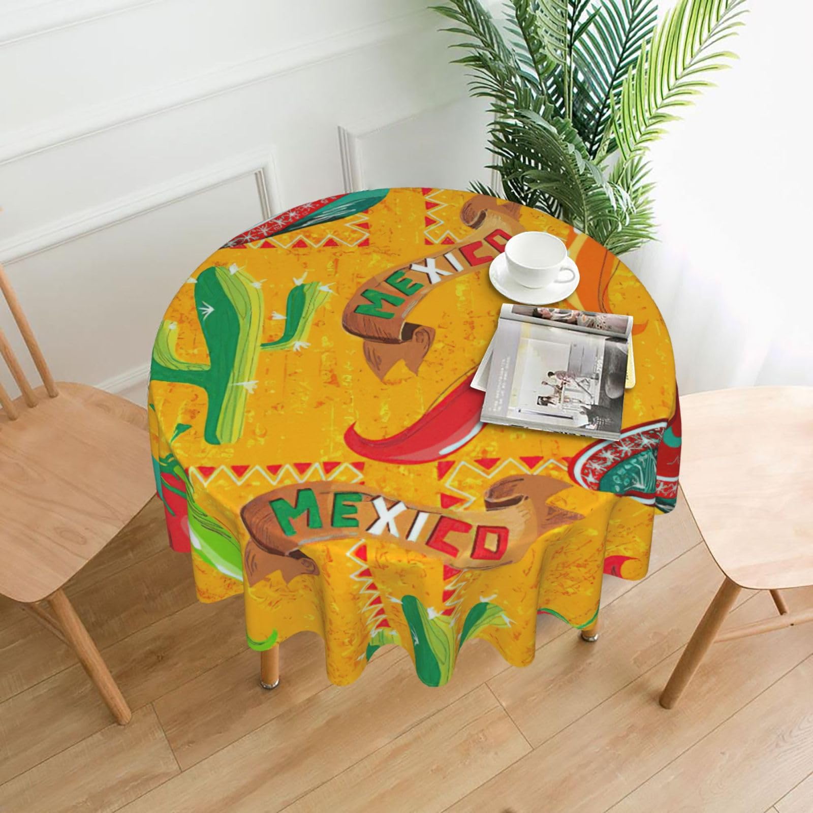 OKFSTY Cactus Hat and Chili Pepper Print Round Tablecloth 60in for Wedding Elegant Polyester Cover for Party Reception Festive Dinner