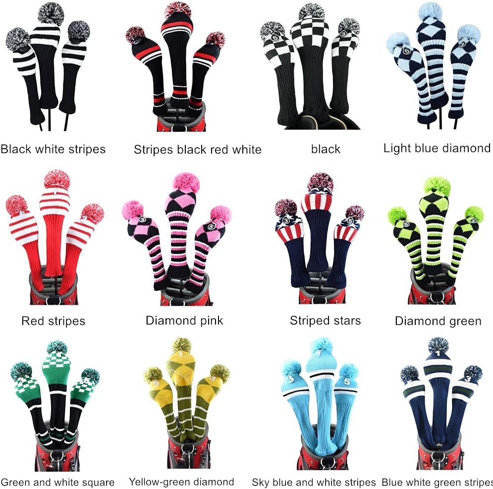 Hauni Stripes Knitted Golf Club Head Covers 3 Piece Set 1 3 5 Driver and Fairway HeadCovers Fits 460cc Drivers : Everything Else