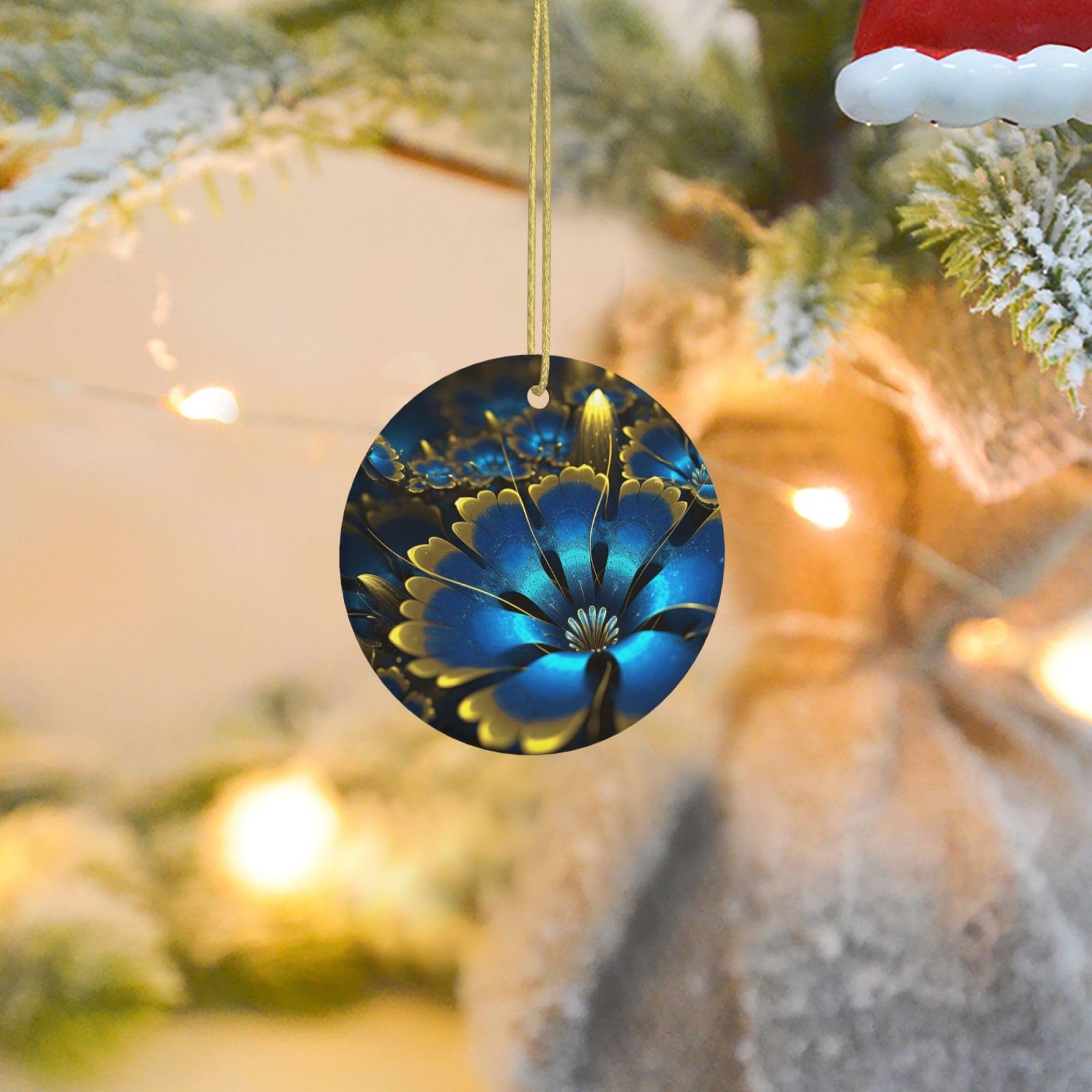 Christmas Tree Ornaments Ceramics Christmas Round Decorations Blue Golden Flower Ceramics Ornaments Circle Pentagram Xmas Tree Hanging Pendant for Christmas Tree Party Holiday Home Decor