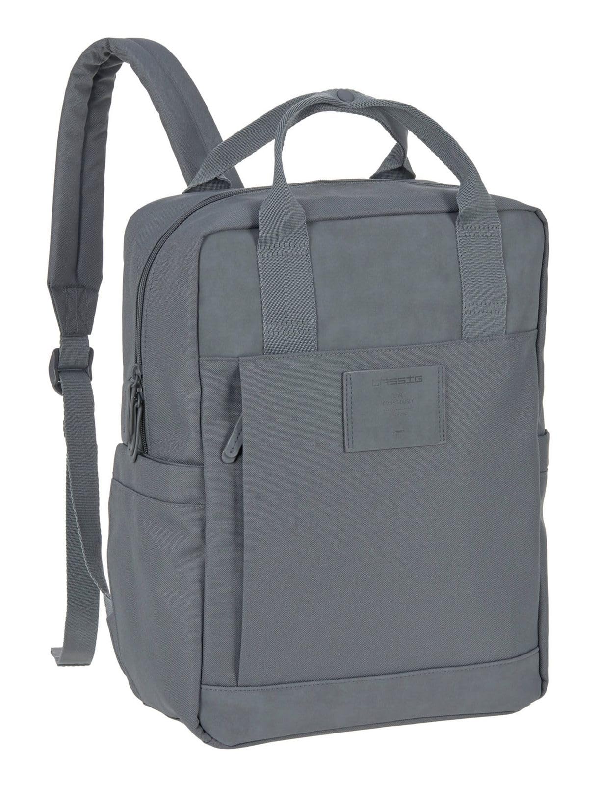 LÄSSIG Baby Wickelrucksack Wickeltasche Rucksack mit Wickelunterlage, Kinderwagenbefestigung, Flaschenhalter nachhaltig produziert/GRE Vividal Backpack anthracite
