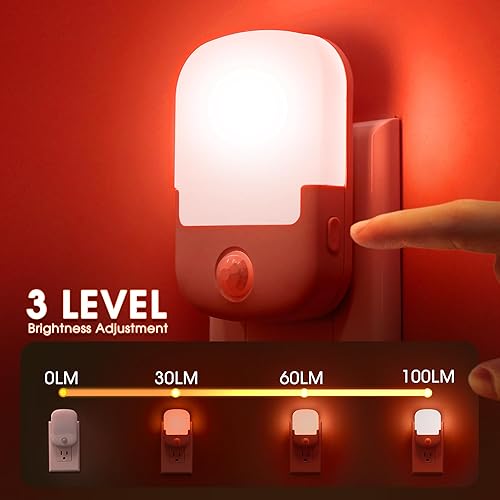 Miniatura 5 de Briignite Luz nocturna roja con sensor de movimiento, luz nocturna, luz nocturna del atardecer al amanecer, paquete de 2 unidades, luz nocturna LED