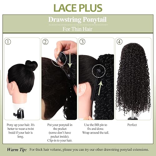 Miniatura 3 de Extensiones de cola de caballo con cordón, extensiones de cabello rizado rizado de 16 pulgadas de grosor, cola de caballo con cordón para mujeres