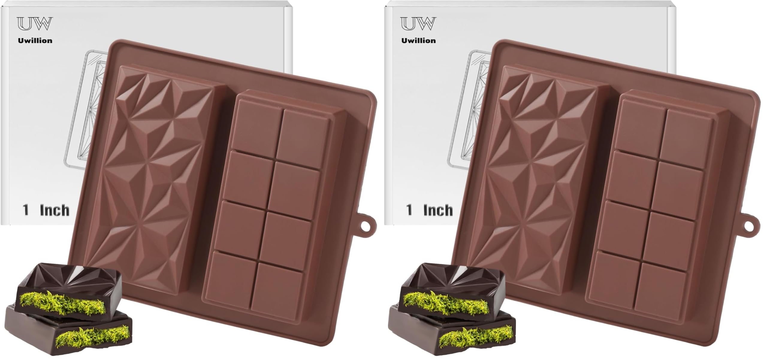 UWILLION Deep Chocolate Bar Mold Silicone 1 Inch Dubai Pistachio Chocolate Bar Thick Mold for Stuffed Bar, Large Candy Mould for Filling, Brown (Pack of 2)