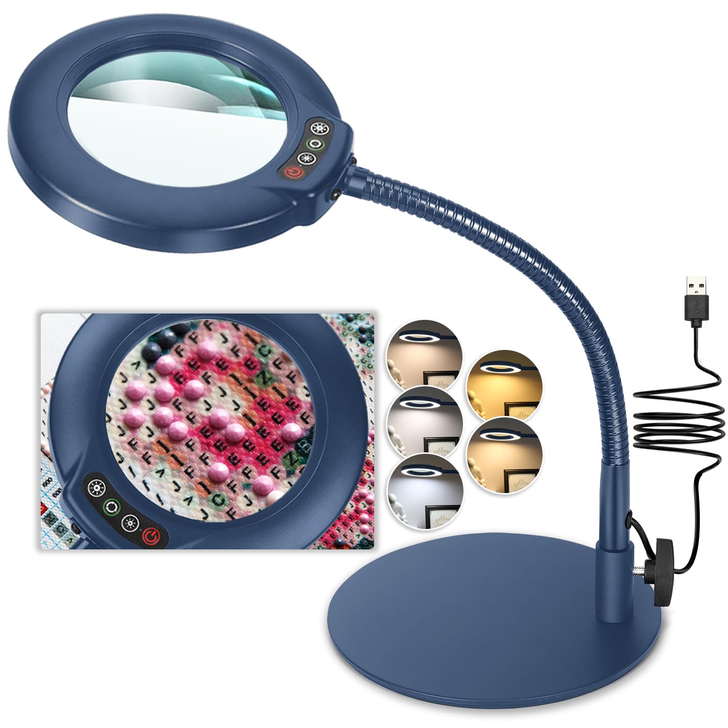 Veemagni 10X Magnifying Glass with Light and Stand, 5 Color Modes Stepless Dimmable LED Lighted Desk Lamp, Hands Free Flexible Gooseneck Magnifier with Light for Craft Hobby Painting Close Work, Blue