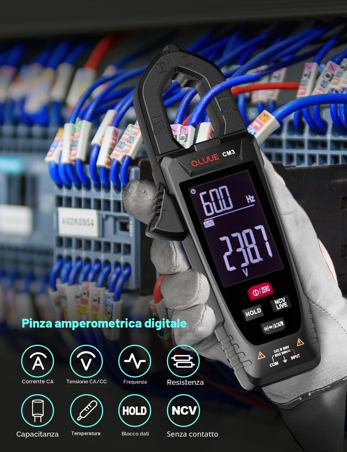 Clamp Metri Multimetro Test di tensione AC/DC, strumento con tester automatico NCV, misurazione di corrente, temperatura, capacità, resistenza, passaggio