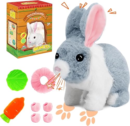 Bilinott Juguetes de conejo de Pascua para niños, juguetes de conejo realistas con acción de salto, orejas movibles, boca y nariz contracturadas,