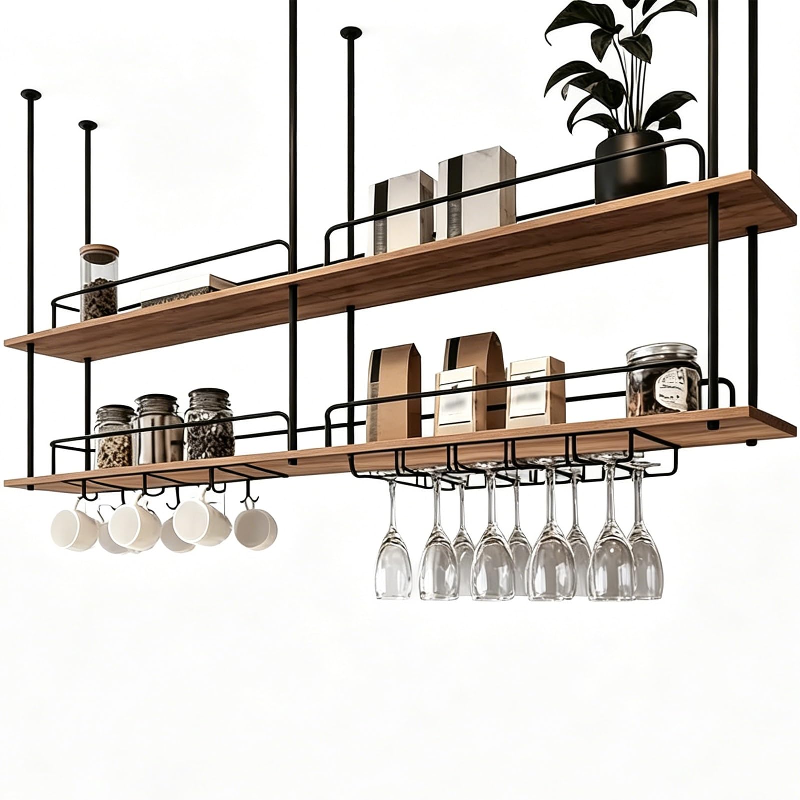 MARXAN Support de Rangement en Fer Massif, casier à vin, Planche Suspendue pour Plantes Vertes, étagère à Deux Couches pour Restaurant, Bar, Cuisine à Domicile, Support pour Verres à Pied