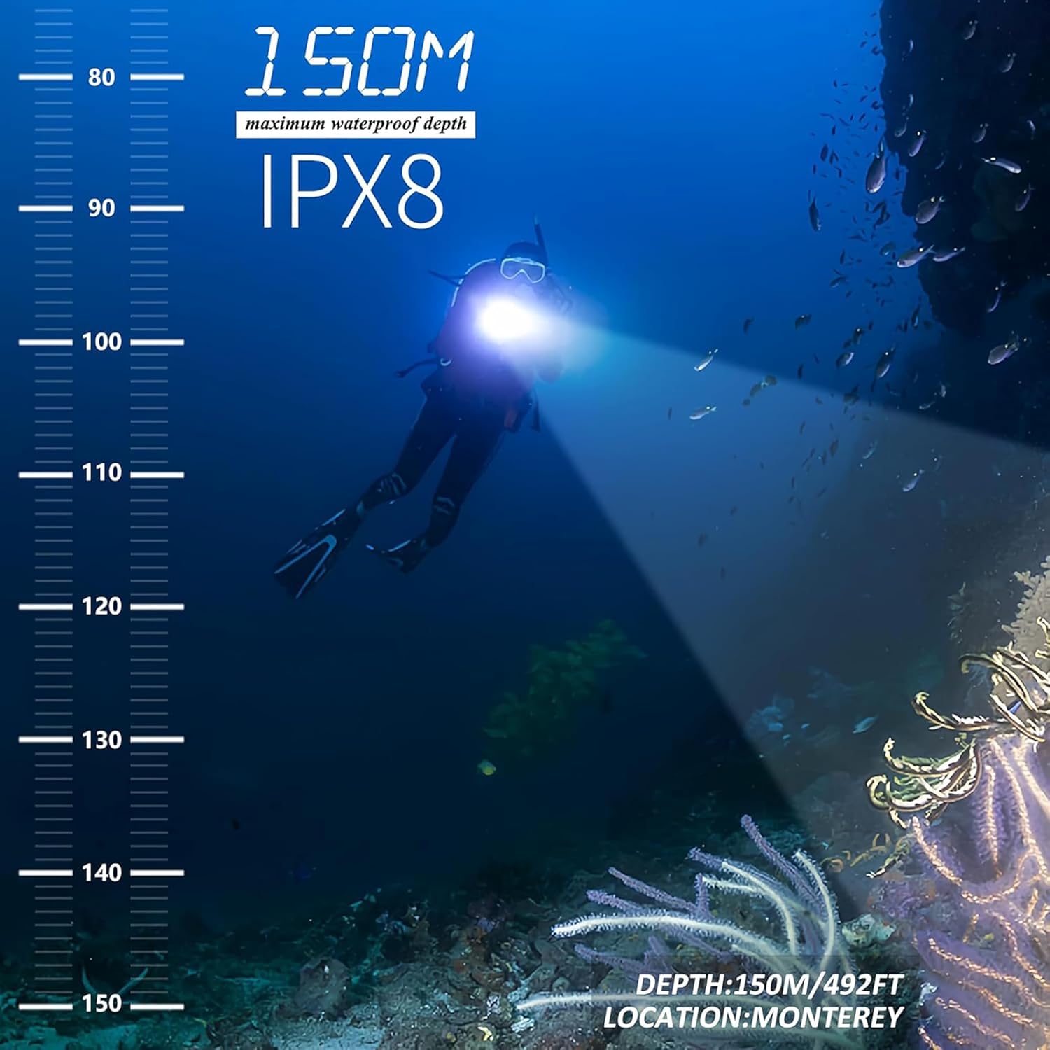 Dive Light, 2000 Lumen Underwater Flashlight, IPX8 Waterproof Scuba Diving Light, Professional Diving Flashlight, Snorkeling Light Scuba Diving Accessories with Rechargeable Battery