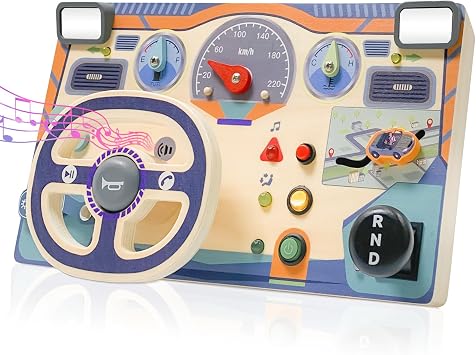 ZJEFUNS Montessori Toddler Toys Busy Board with Led Light Interactive Wooden Dashboard Steering Wheel for 1 2 3 4 Year Old Sensory Toys Toddler Activities for Boys Girls Gift