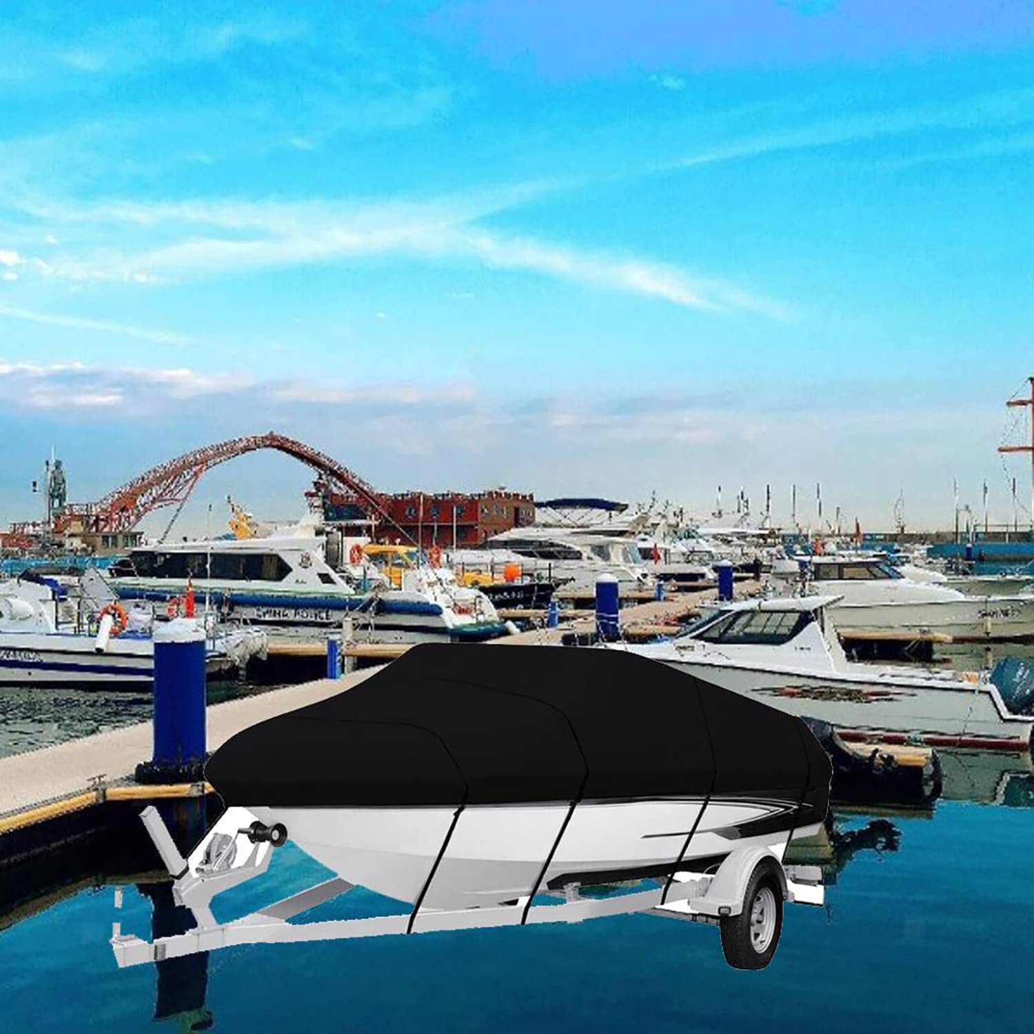 Schleuder Funda para Barco, Resistente 210D/420D de Grado Marino,Tela Oxford Impermeable con protección UV, Casco en V Runabout Jumbo Boat Speedboat Fishing Ski Boat