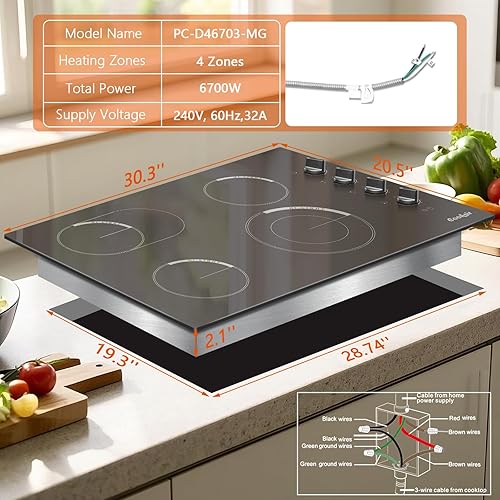 Miniatura 4 de Estufa eléctrica de 30 pulgadas, 4 quemadores, estufa de cerámica de vidrio integrada de 6700 W, 30 pulgadas con anillo ovalado y expandido, control