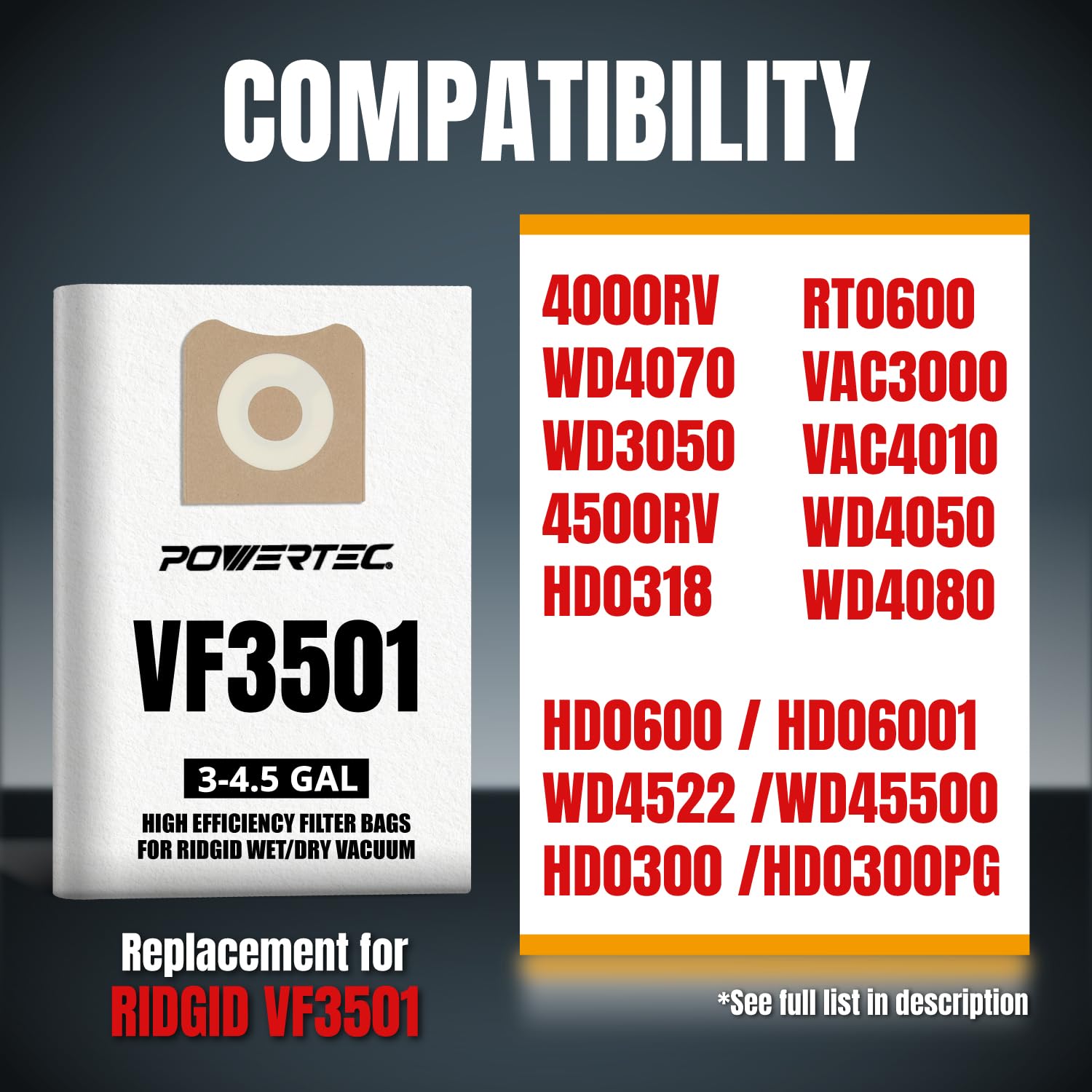 POWERTEC 10PK VF3501, WS32045F Replacement Bags for Ridgid & Workshop 3-4.5 Gallon Wet/Dry Vacs, Fits WD40500, WD40700 - Image 3
