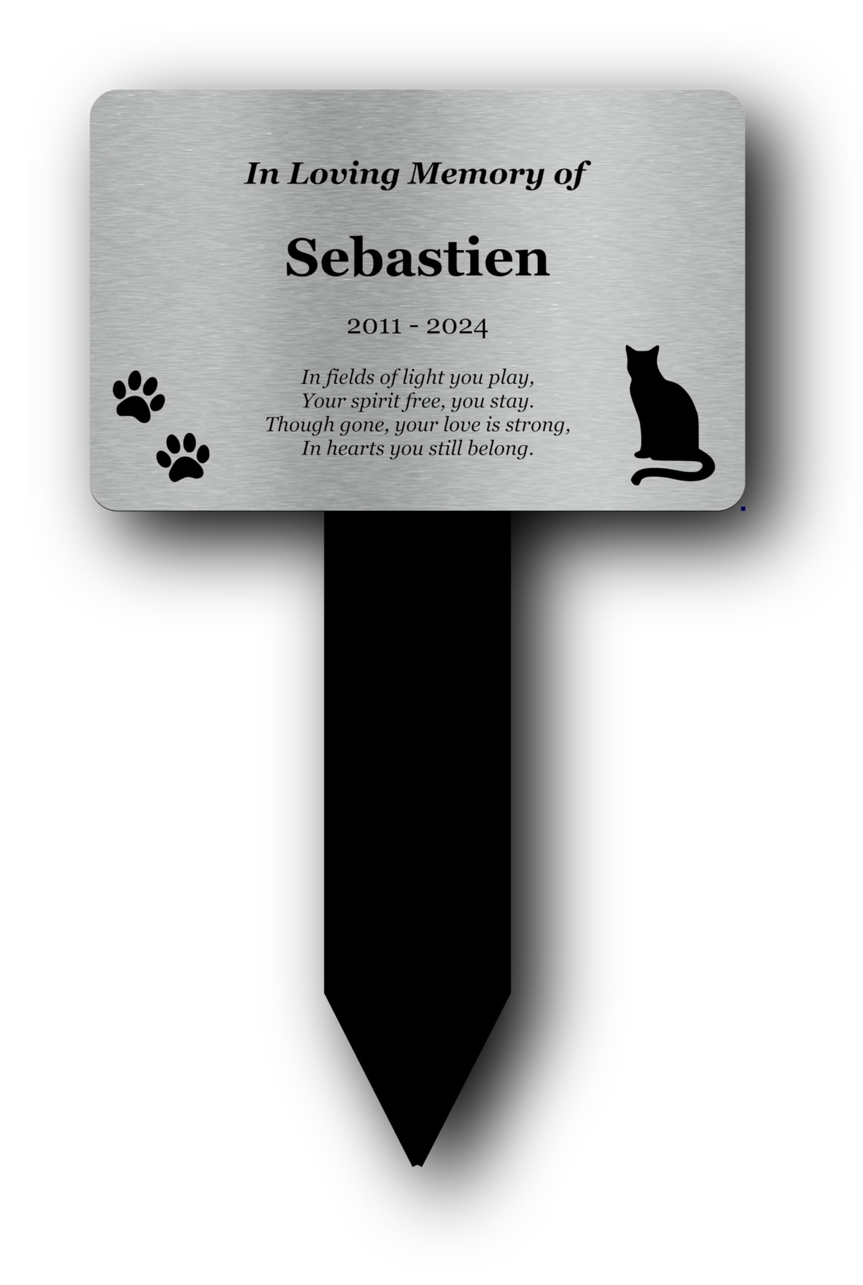 Origindesigned Metallic Personalised Cat Memorial With Silver Plaque And Black Acrylic Stake - Customise Up To 7 Lines Of Text - Uv Printed For Outdoor Use