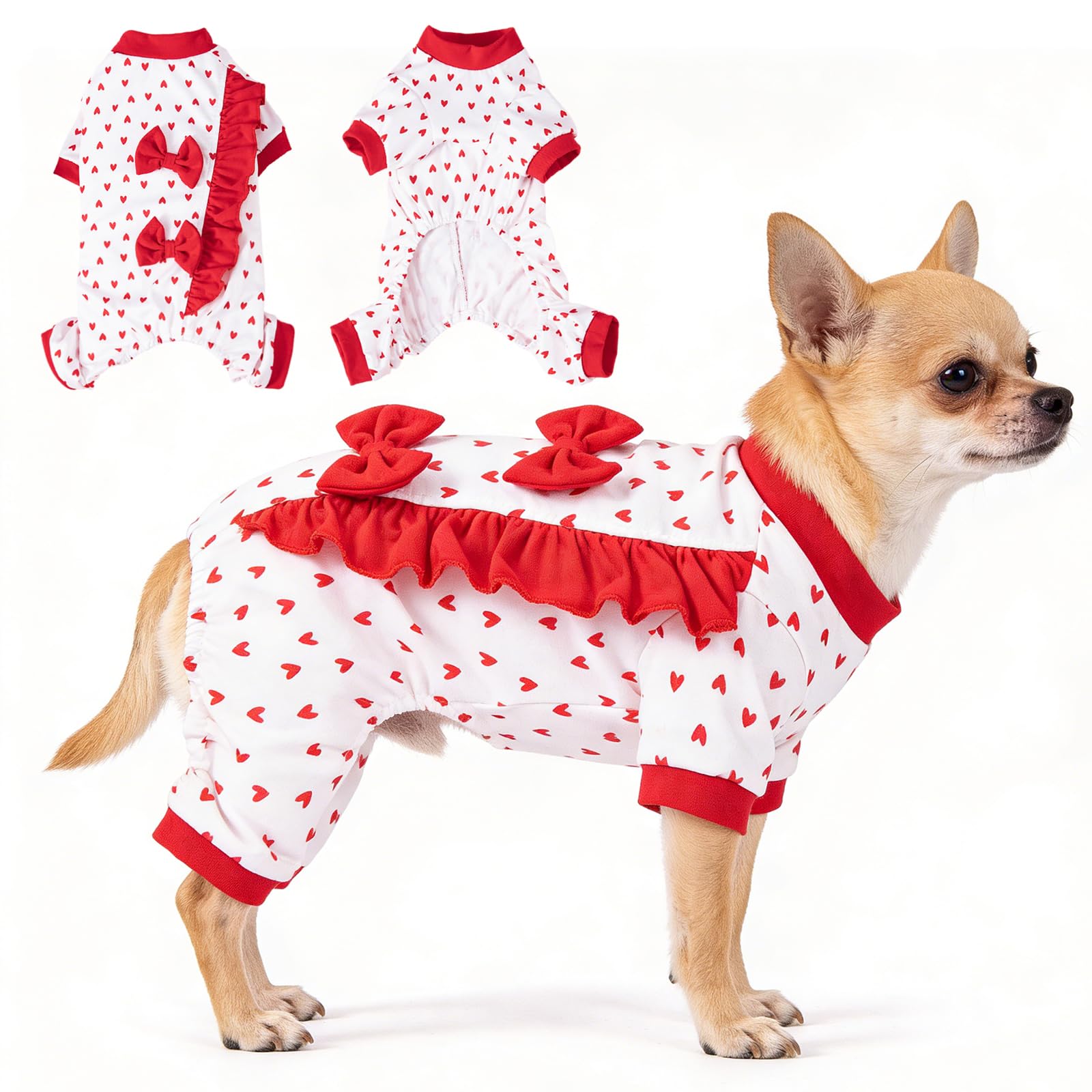 Peybaiwy Dog Pajamas Puppy Bow Heart Sleepwear Jumpsuit Small Medium Breed Pet Stretchy Pjs Recovery Suit Outfit Comfortable Four-Legged Jammies Apparel (Red, S)