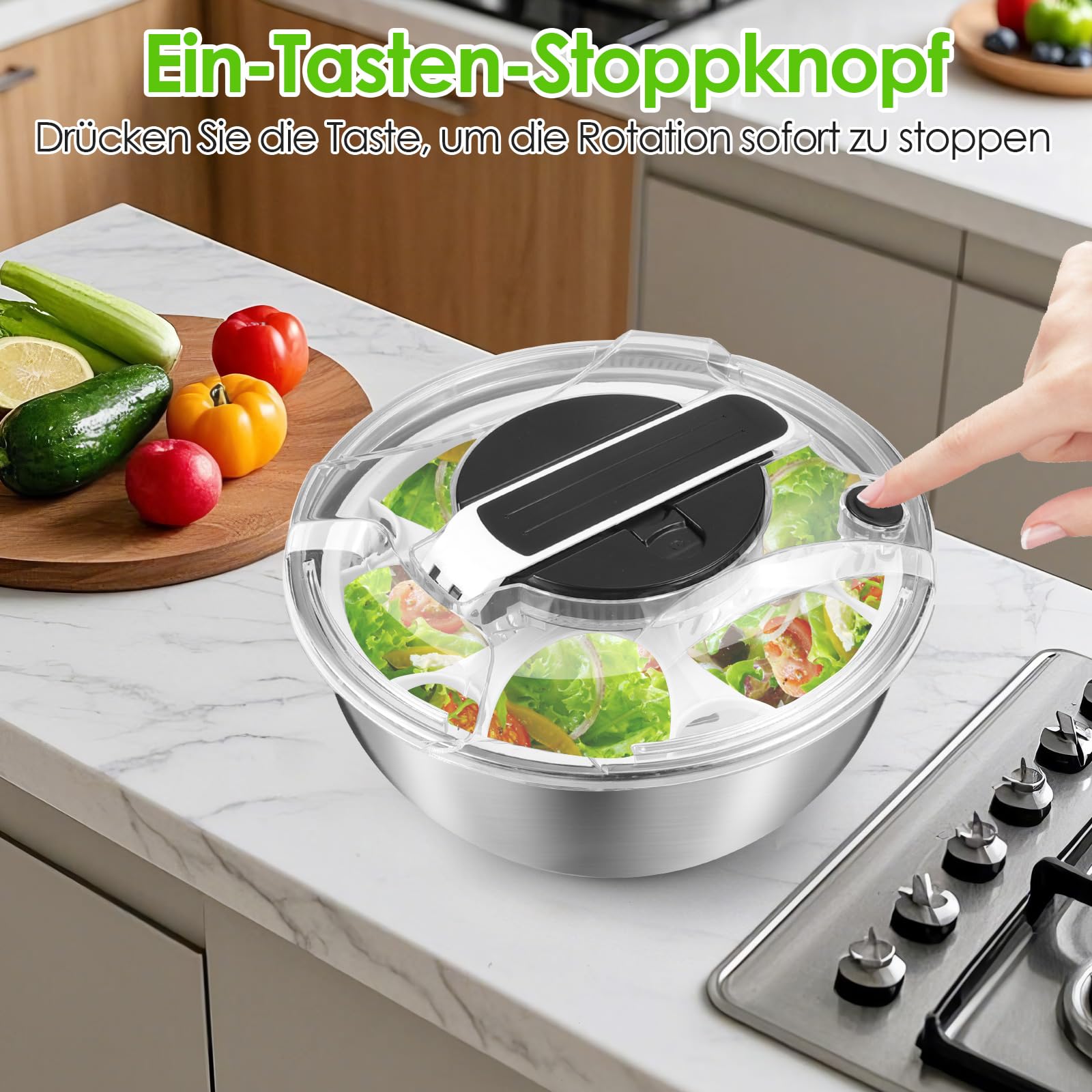 Salatschleuder Edelstahl Groß 4,5L, Push-Typ Salatschleuder mit Deckel, Rutschfestem Boden, Salad Spinner Zum Waschen und Abtropfen von Salaten, Abgießen von Nudeln usw