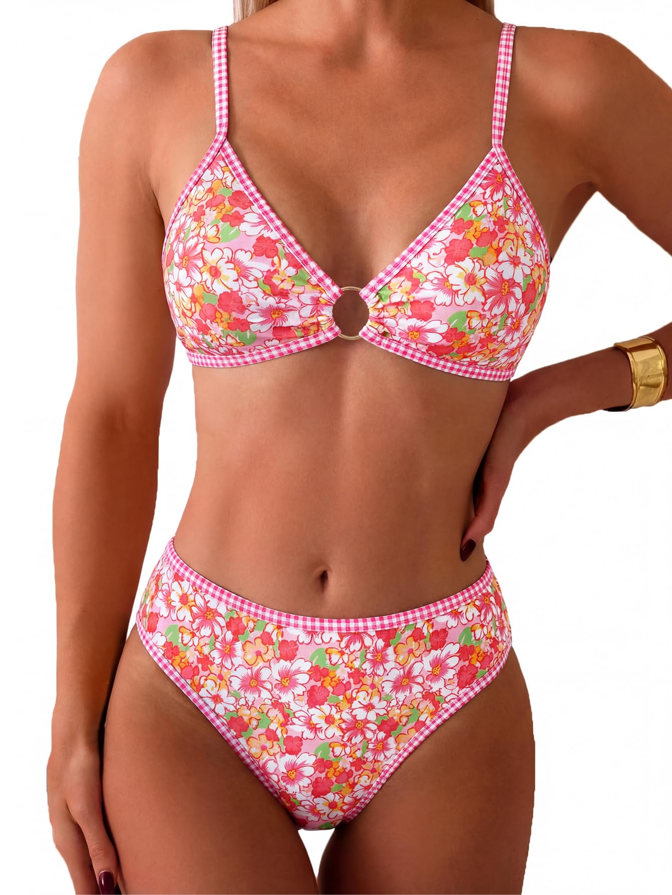 Tainehs Women's Two Piece Bikini Sets O Ring Front Top Ditsy Floral Triangle Swimsuits Cheeky Bathing Suit
