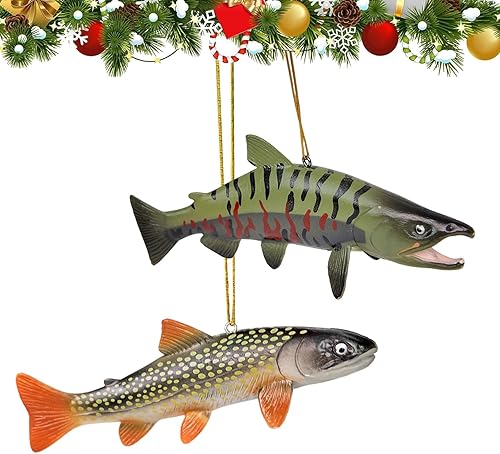 Adorno de árbol de Navidad 3D de trucha y salmón de arroyo de 6 pulgadas, decoración de pesca para espejo retrovisor de automóvil, adorno colgante