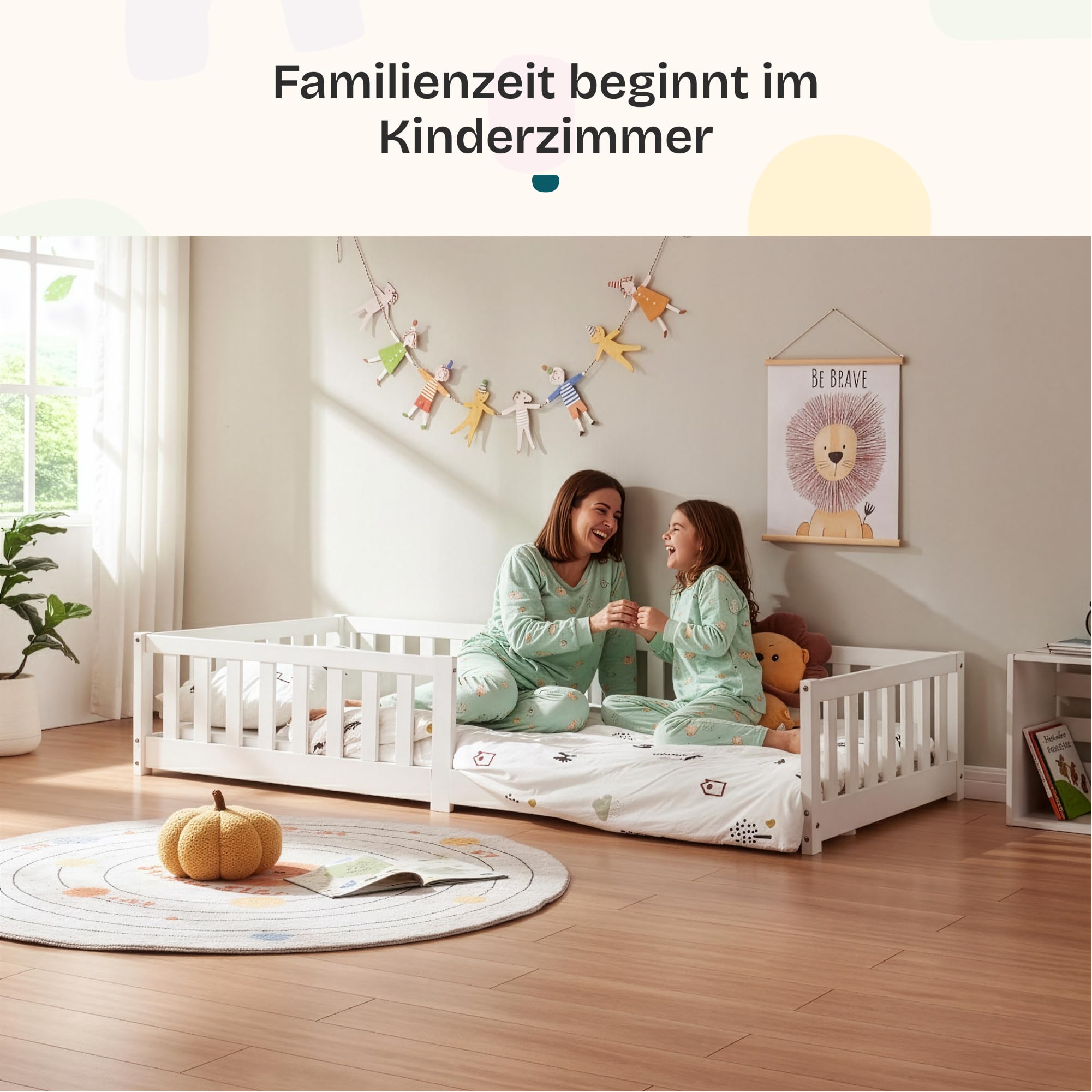 [en.casa] Kinderbett Tanna Bodenbett 90 x 200 cm Holzbett für Kinder mit Rausfallschutz Montessori Bettgestell mit Lattenrost Kiefernholz Weiß