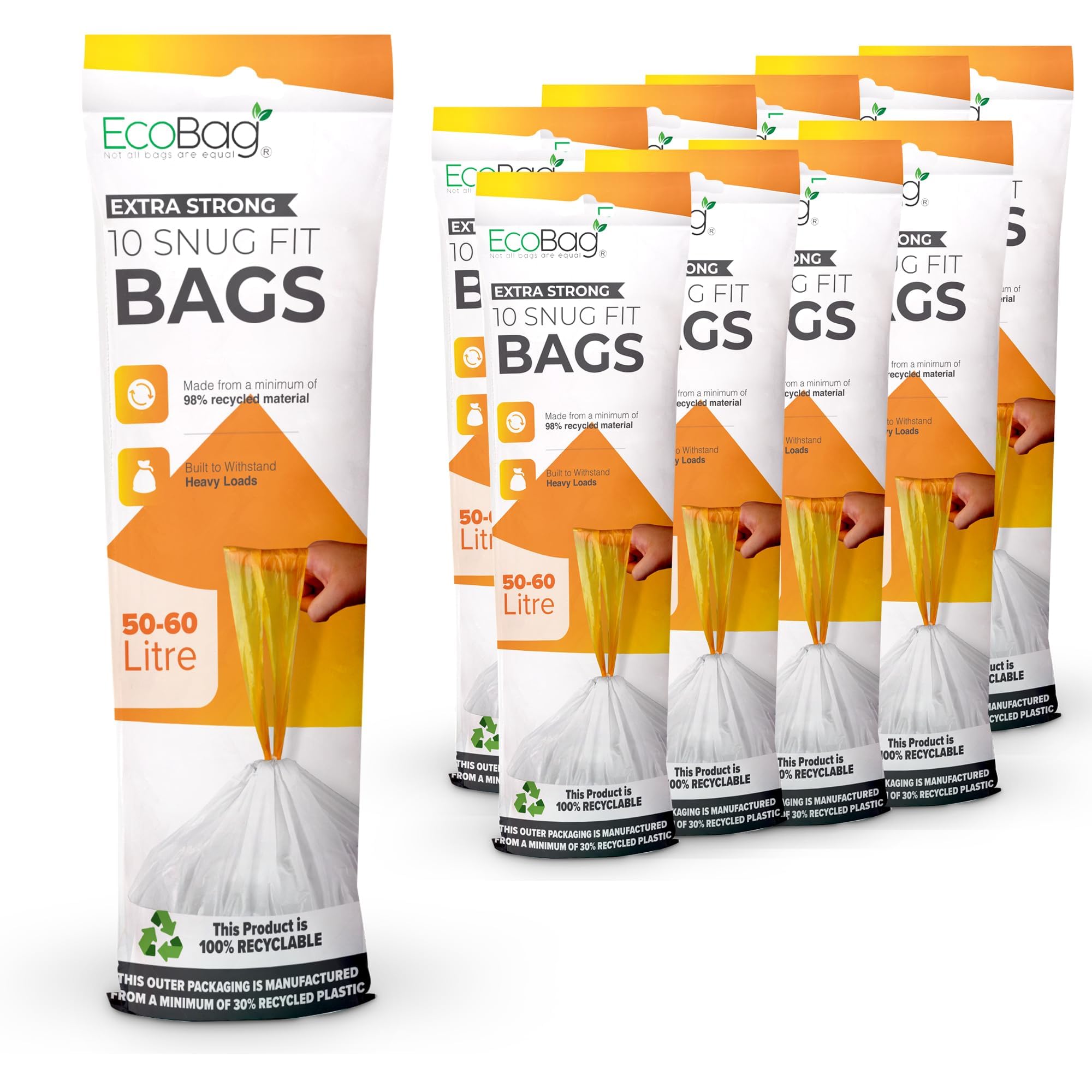 EcoBag Confezione da 100 sacchetti bianchi per la spazzatura da cucina con coulisse, 50-60 l, 28 micron, resistenti, compatibili con Brabantia, ecologici, resistenti agli strappi, trasparenti (620 x