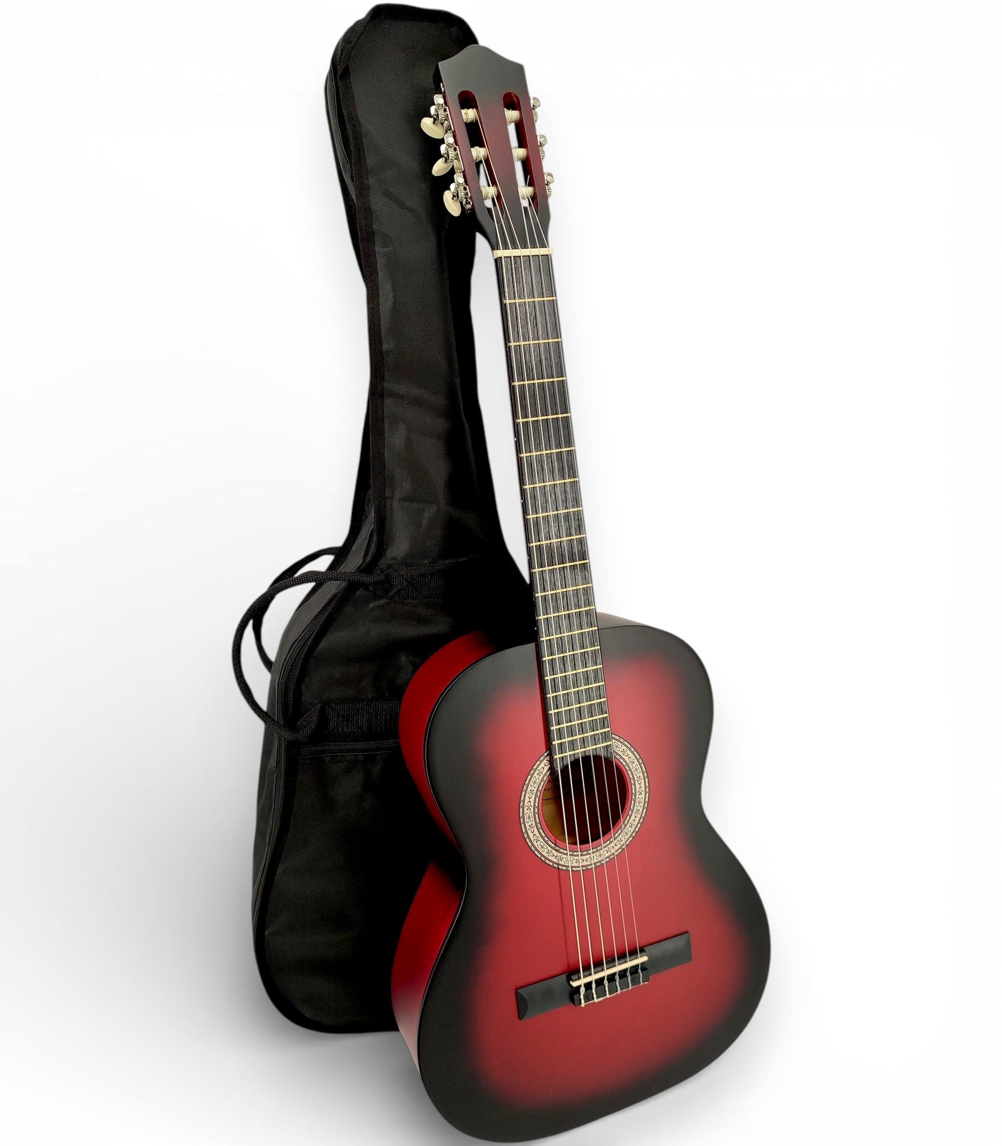 Zestaw do gitary klasycznej 4/4 (dla dorosłych) Stojak gitarowy + podstawa + 9 akcesoriów do wideo i płyt CD (czerwony, 3/4, lewy)