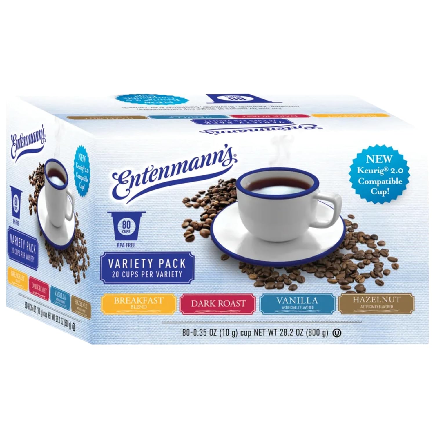 Entenmann's Coffee Variety Pack - Single Serve Cups (for Keurig K-Cup Brewers), Includes Breakfast Blend, French Vanilla, Hazelnut and Dark Roast - 80 Count