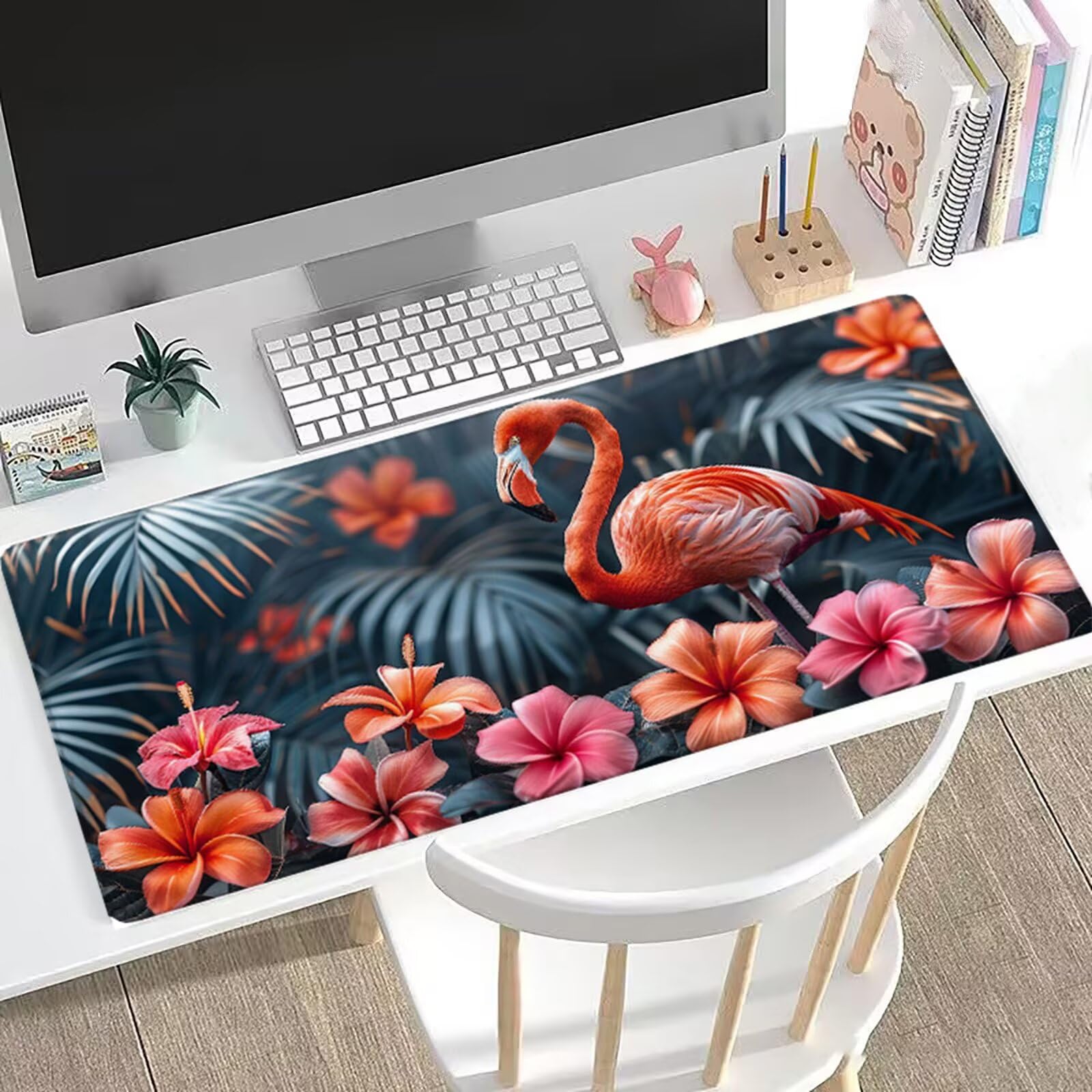 Gamingowa podkładka pod mysz, flamingi, XXL, 120 x 60 cm, podkładka pod mysz, ze zwierzęciem, zoptymalizowana precyzja i prędkość, z gumowaną antypoślizgową podstawą, mata na biurko dla graczy
