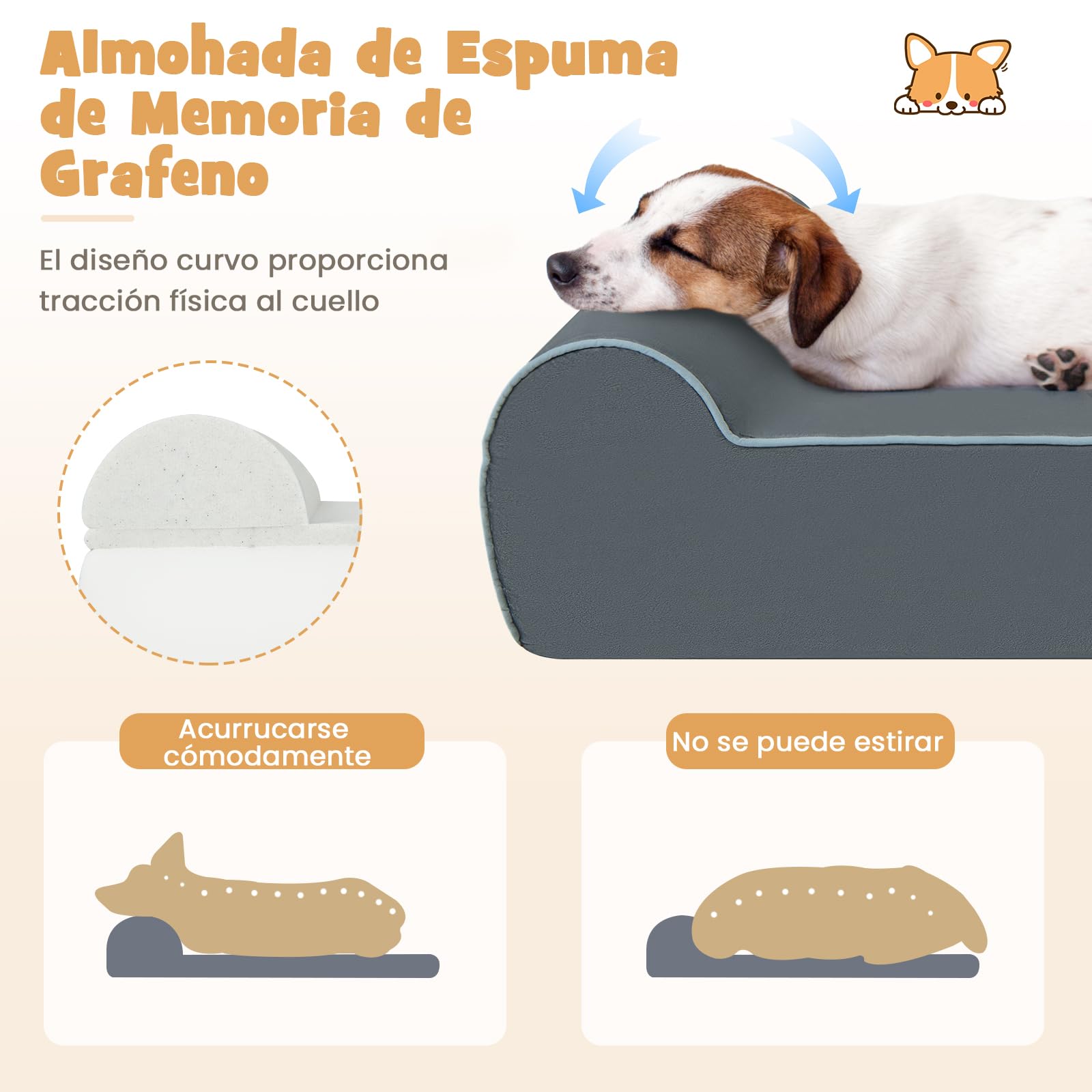 GOPLUS Cama Ortopédica para Perros, Cama Grande de Espuma Viscoelástica de Grafeno para Mascotas, Reposacabezas, Funda Extraíble y Lavable, Fondo Antideslizante, Sofá de Interior para Perros, Gris