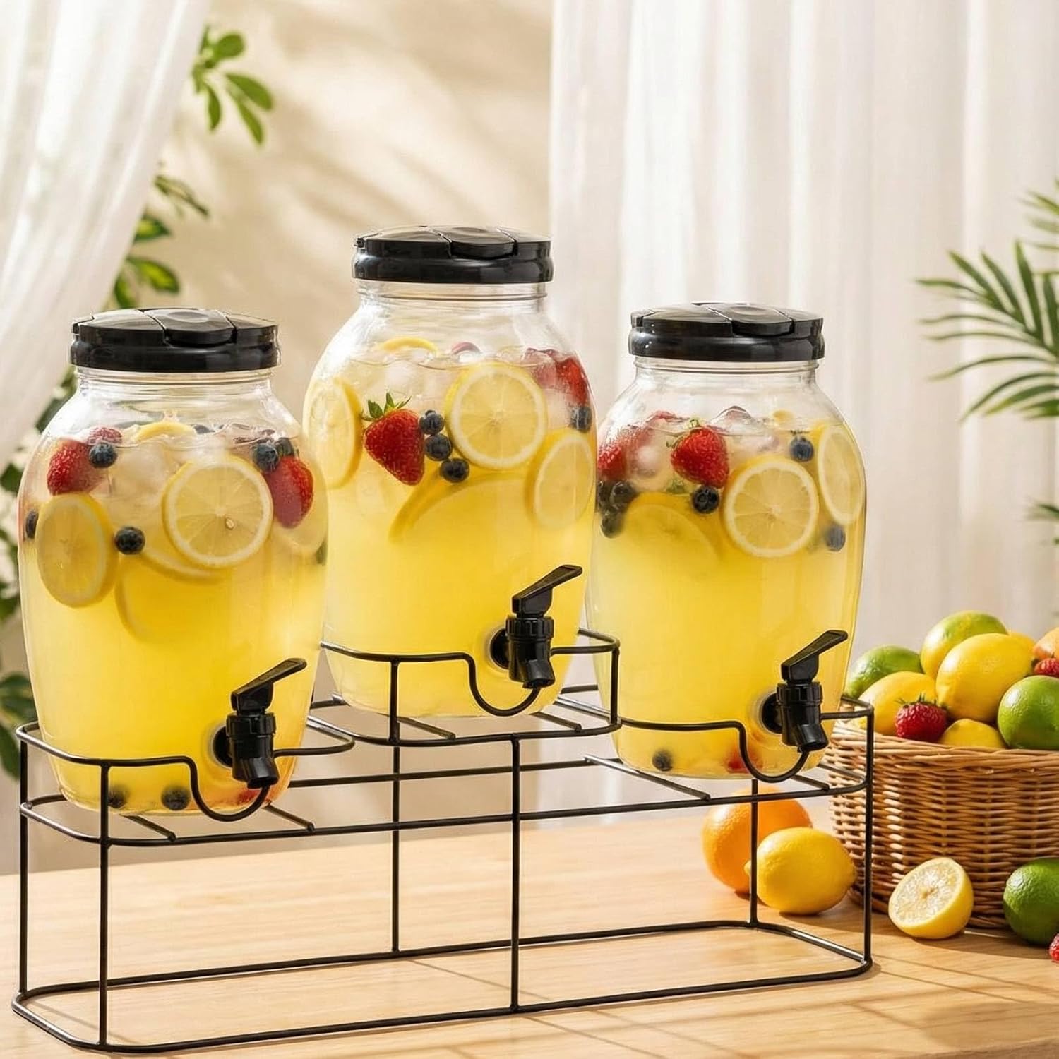 Tanlade 3 Pcs Plastic Drink Dispenser with Spigot and Metal Stand 1.2 Gallon Beverage Dispenser for Parties Juice Dispensers Lemonade Jar with Lids for Cold Drink Tea Water Container (Black)