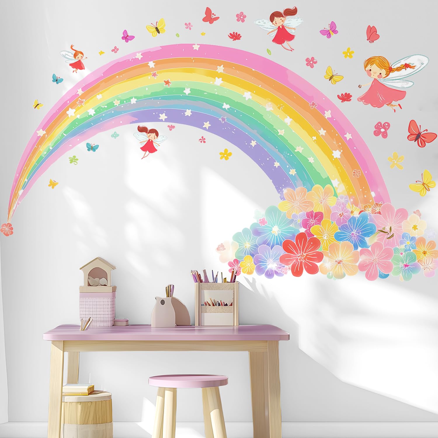 VePret Pink Rainbow Flowers Wall Decals Peel and Stick, Large Fairies Butterflies Wall Stickers & Murals