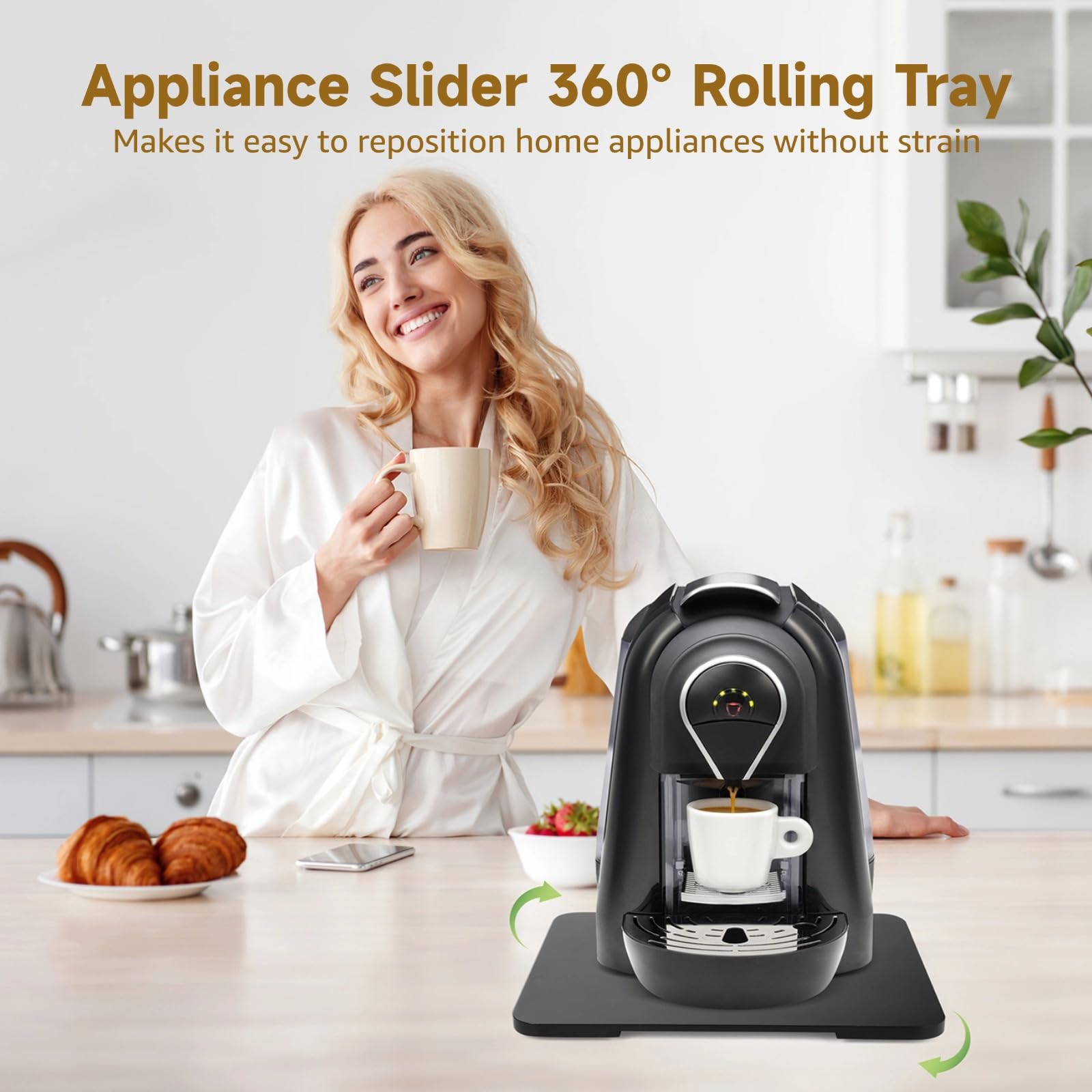Vassoio mobile a 360 gradi per uso in cucina, cursore in legno con ruote girevoli e maniglie integrate, adatto per macchine da caffè, friggitrici ad aria e distributori di soda