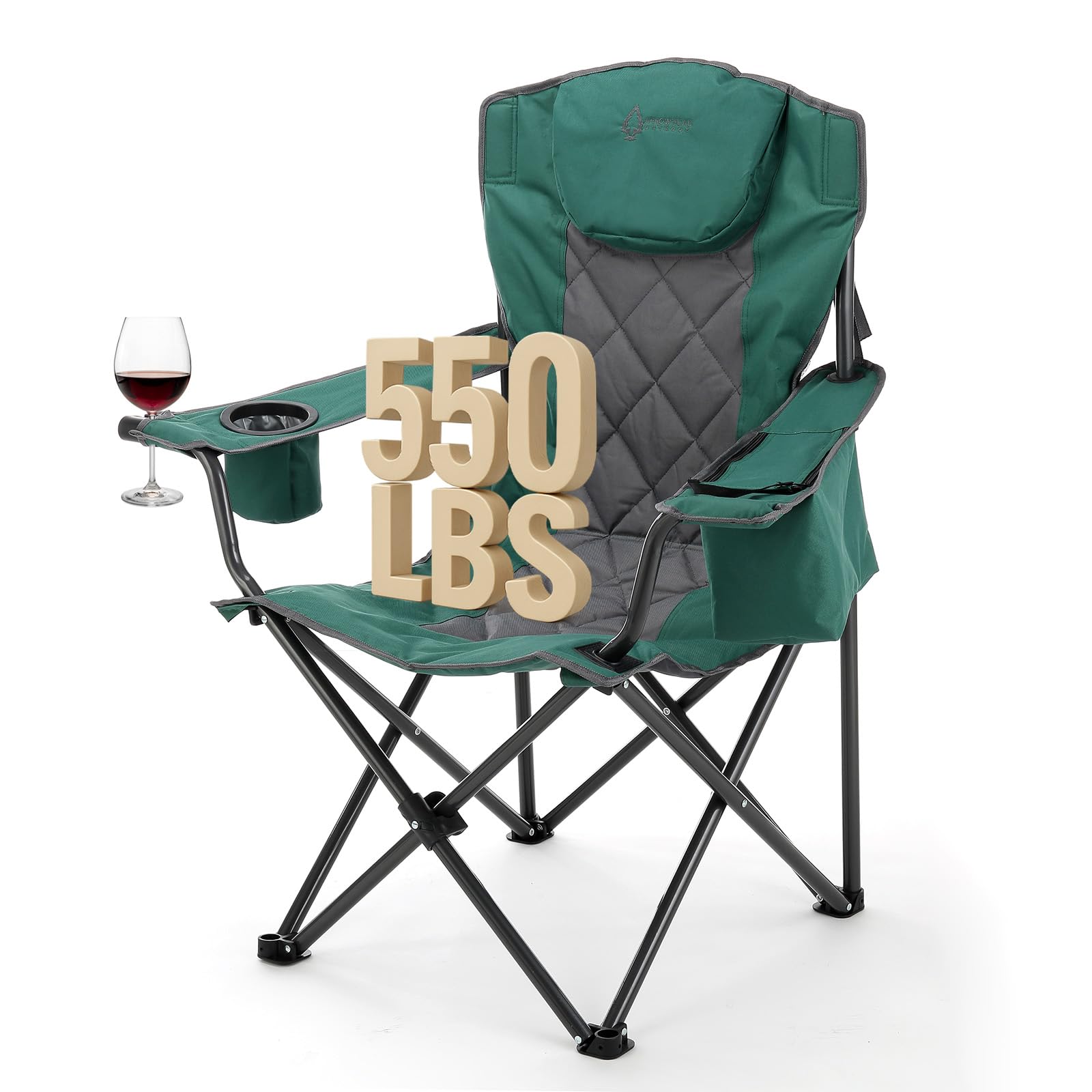 ARROWHEAD OUTDOOR Portable Deluxe Folding Camp Quad Chair w/Headrest, Glass & Cup Holders, Armest 6-can Cooler, Heavy Duty Carry Bag, 550 lbs Weight