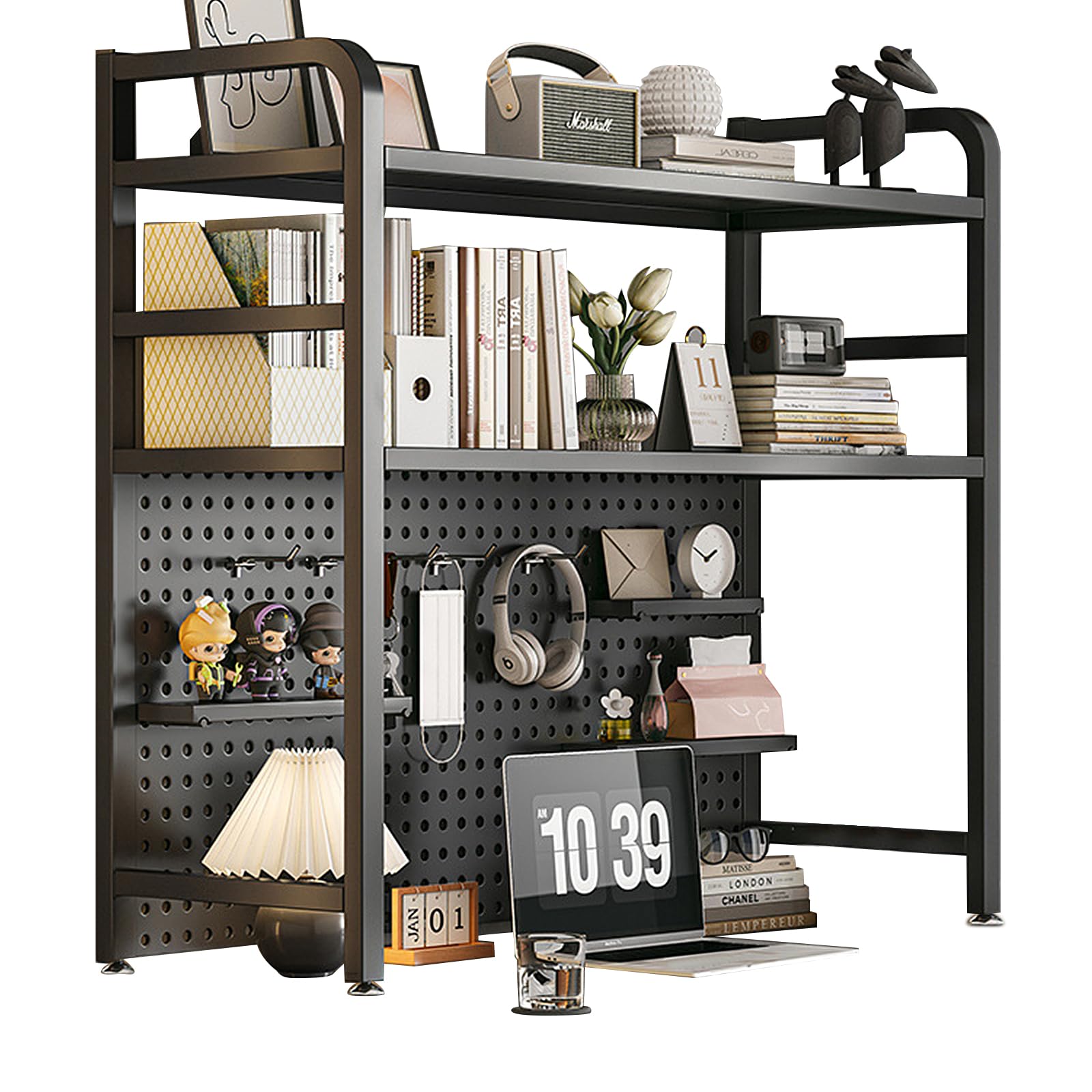 Libreria da scrivania a 2 animali, per computer, scrivania in legno, con organizer multifunzione a rete metallica (nero, larghezza 95 cm)