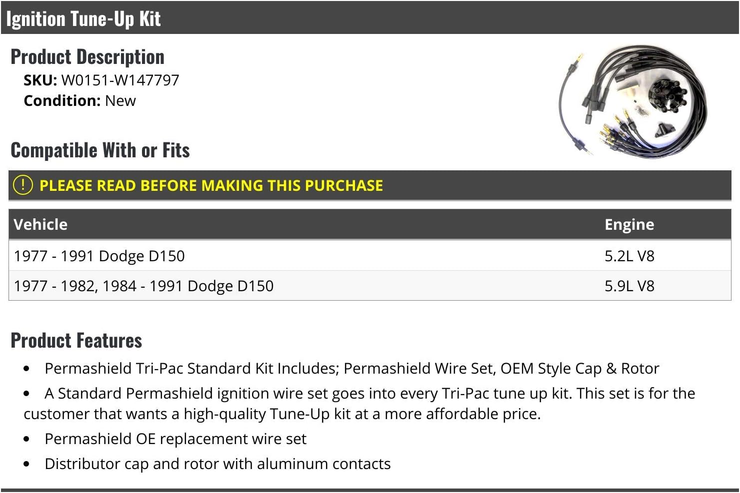 Ignition Tune-Up Kit - Spark Plug Wire Wire Set, Cap and Rotor - Compatible with 1977-1991 Dodge D150 V8