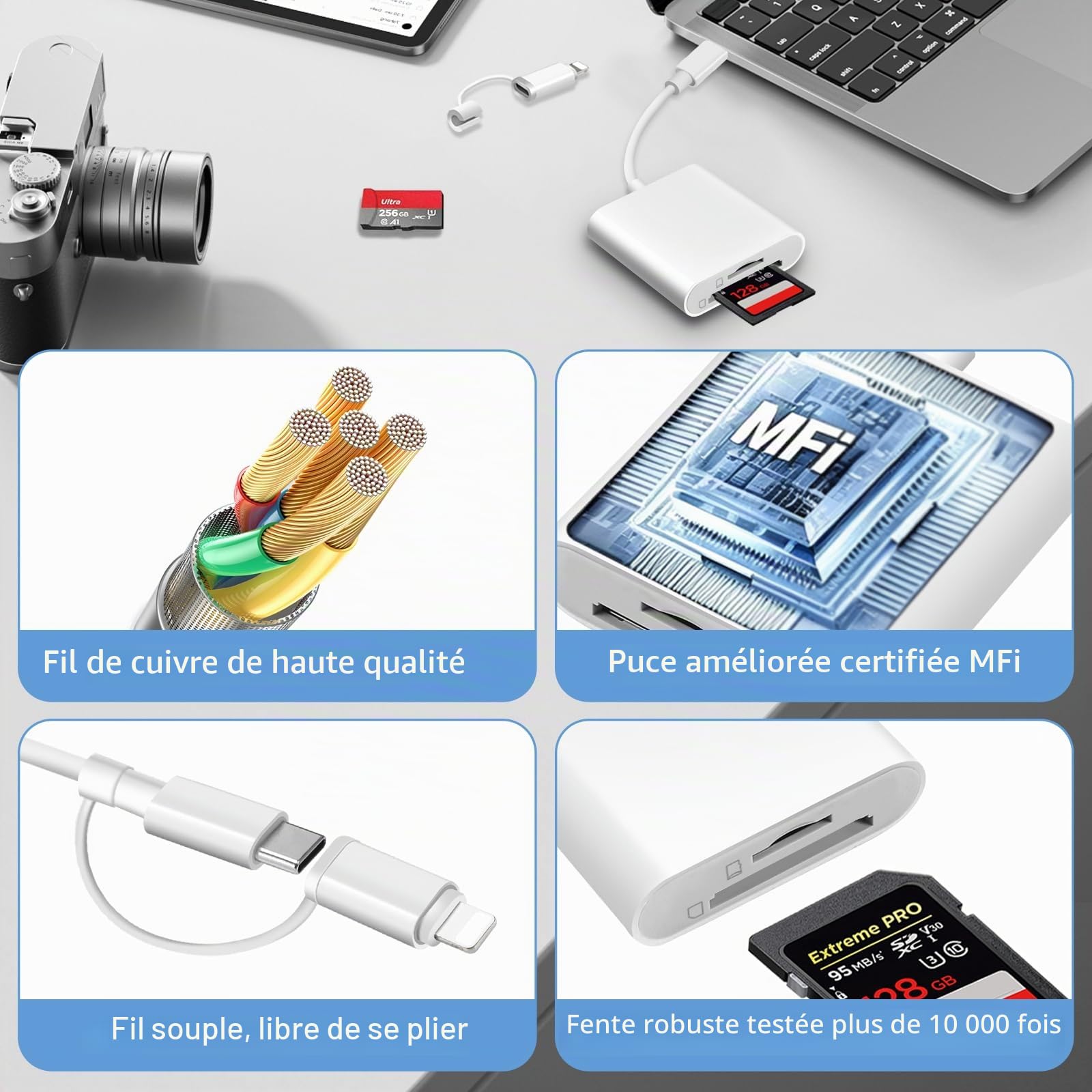 Lecteur de Carte SD Certifié Apple MFi USB-C & Lightning pour iPhone iPad Galaxy