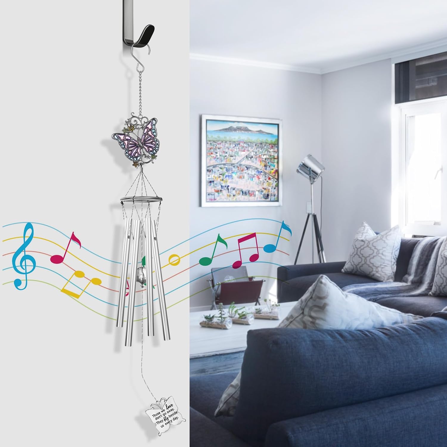 Outdoors Butterfly Wind Chimes Sympathy Memorial for Loss of Loved One - Soothing Melodic Tones Aluminum Chime Great as a Gift for Your Patio Porch Garden and Backyard (22.2" Silvery)