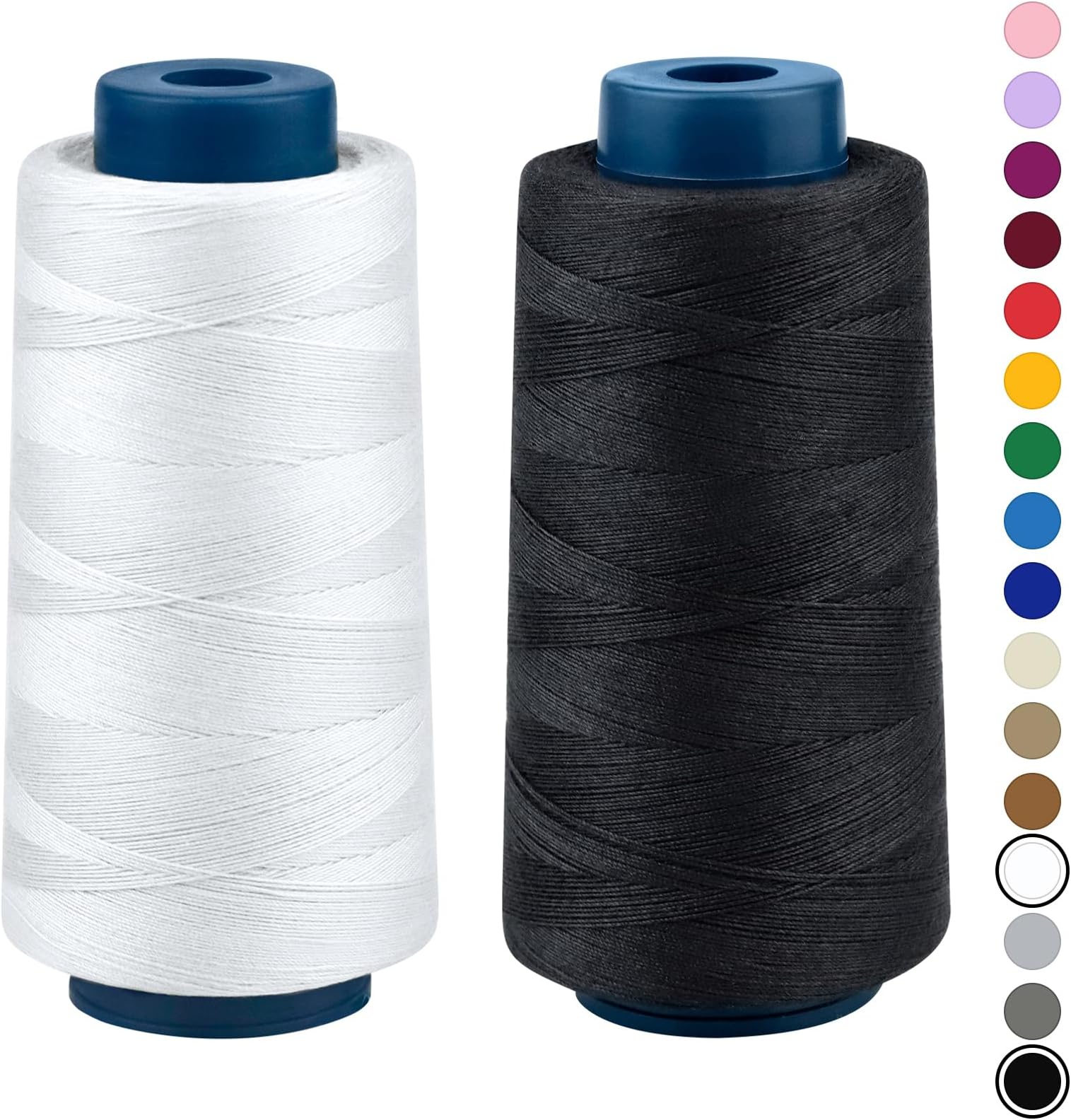 Upholstery Serger Quilting Sewing Thread: 2 Spools Extra Strong 20S/3 2000yds Polyester Thread Cones, Heavy Duty All Purpose Thread for Sewing Machine and Hand Sewing Repair (Black & White)