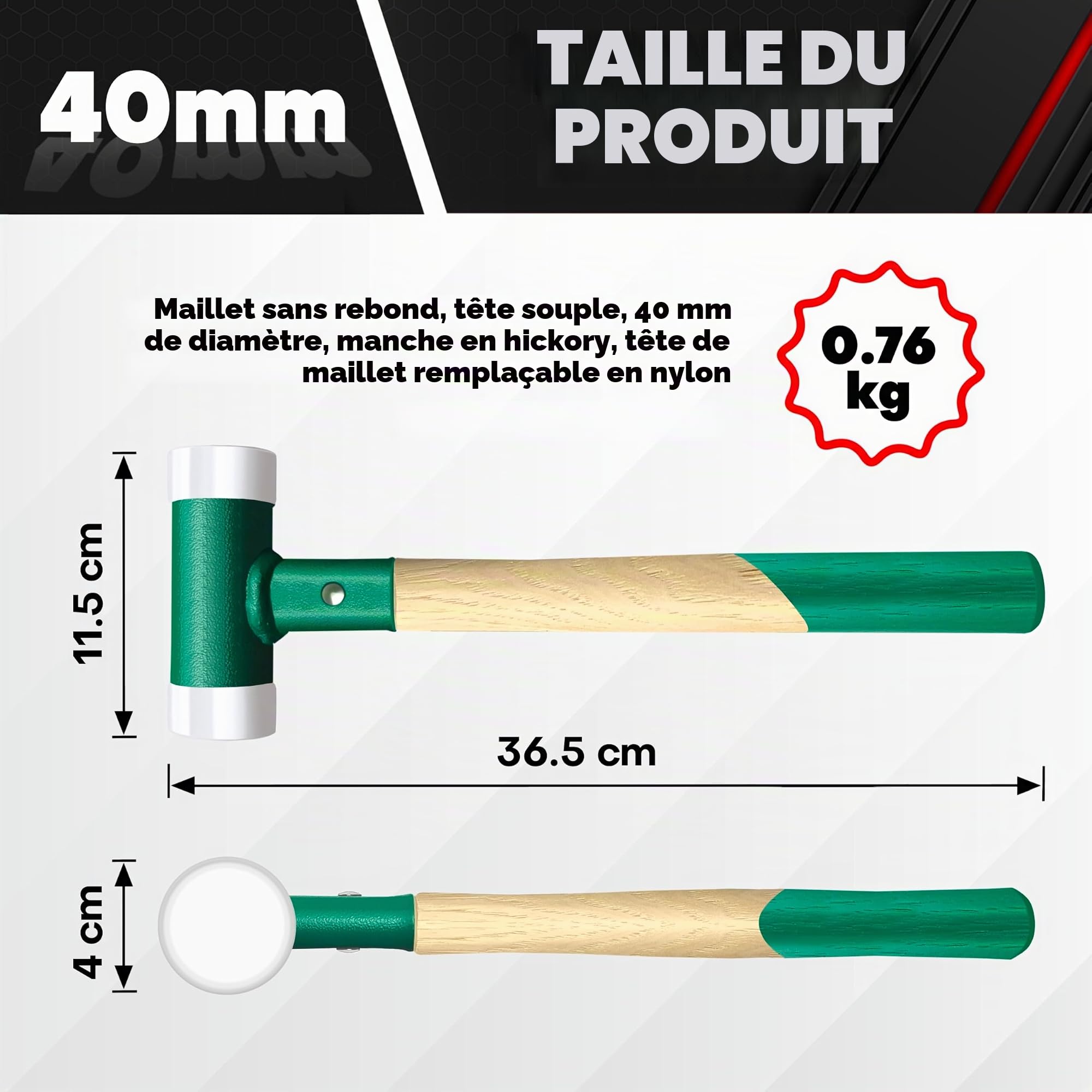 C&T Marteau de protection, maillet souple, diamètre : 40 mm, manche en bois avec tête en nylon interchangeable pour l'entretien et le montage, poignée en bois de 40 mm