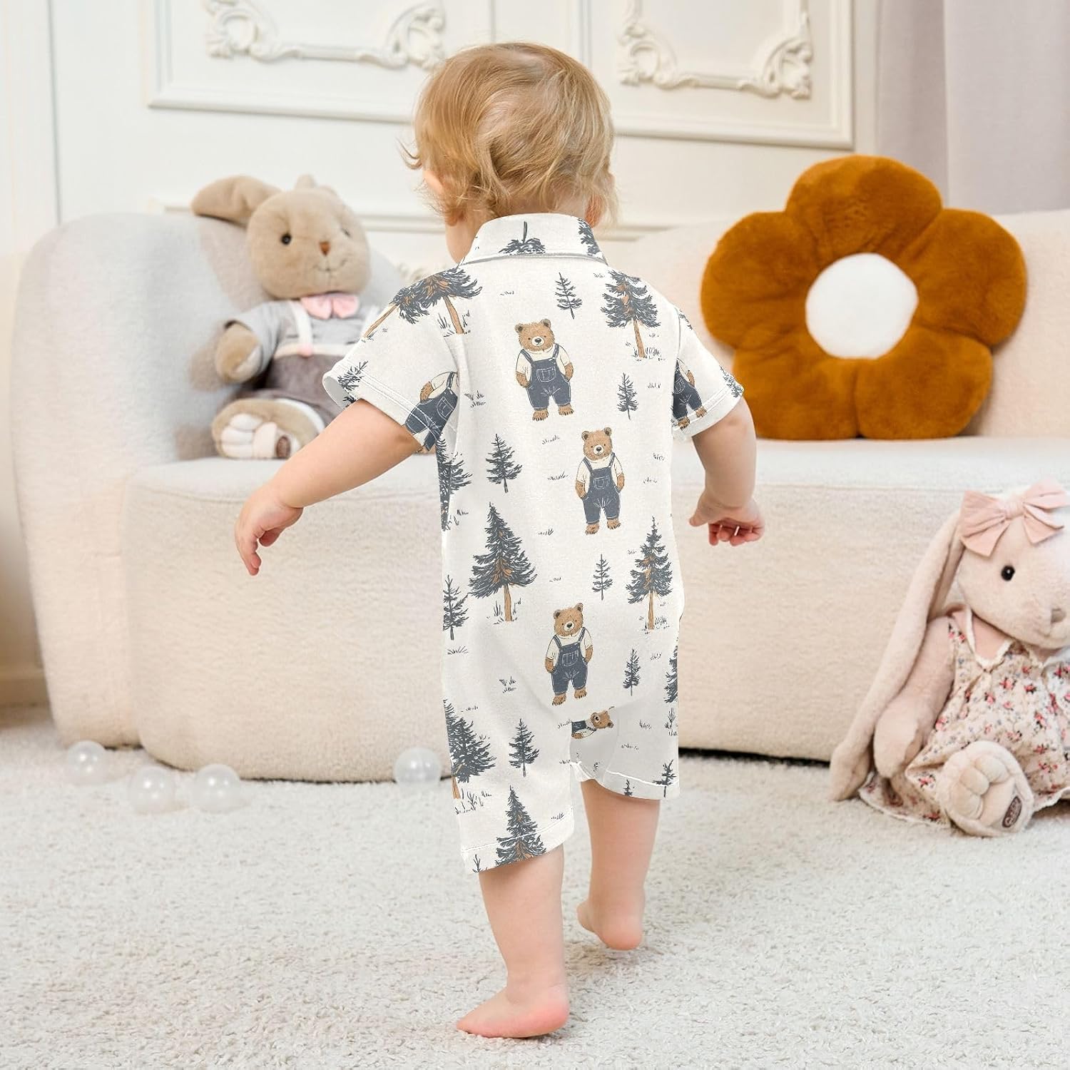 vvfelixl Baby Polo Bodysuit Forest Bear in Overalls Short Sleeve Collared Baby Clothes,Babys Polo Romper for 3-6 Months