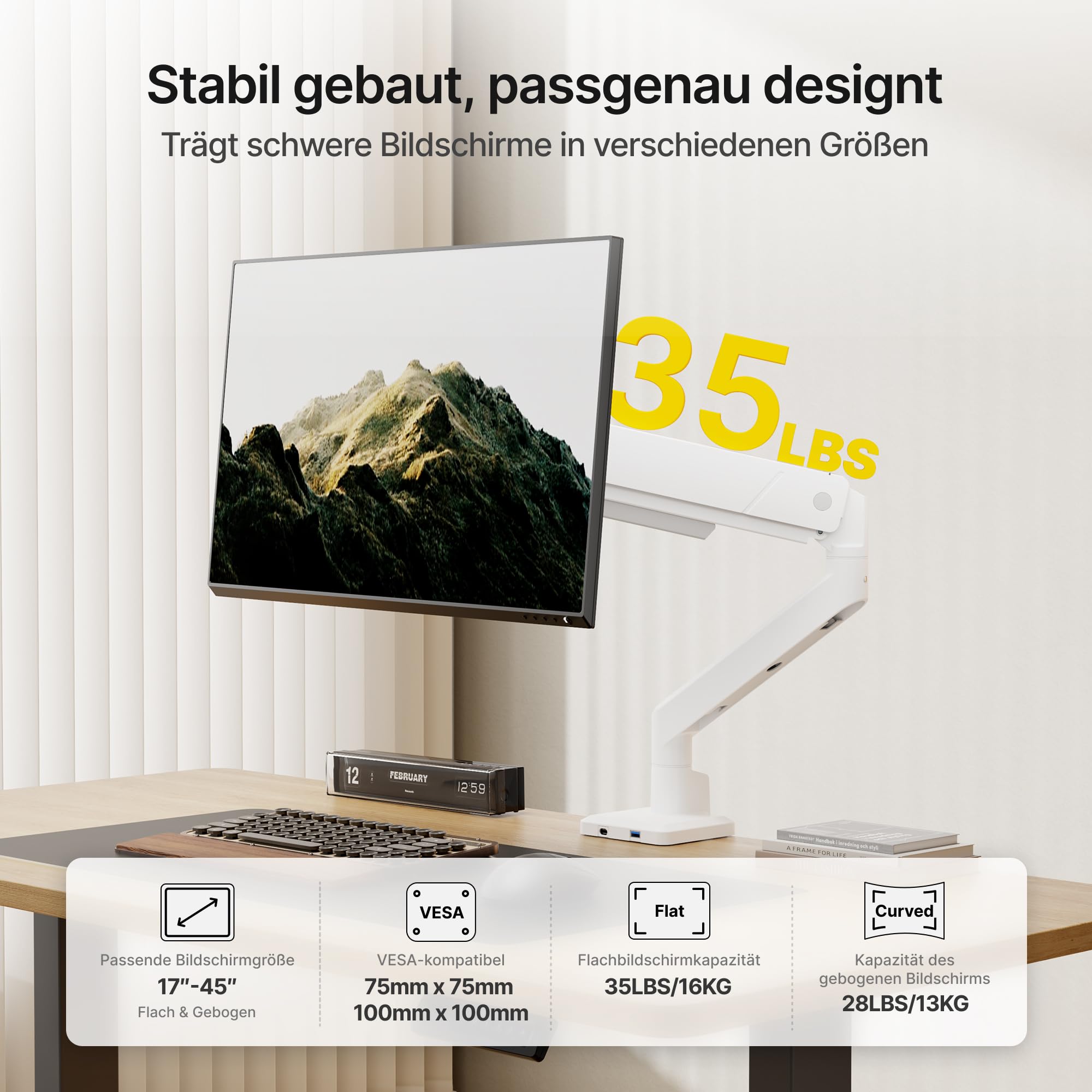 monTEK Brazo Monitor Blanco con Puerto USB para 17-45" | Soporte Monitor Escritorio Ajustable hasta 16kg, Brazo Articulado Inclinable y Giratorio, VESA 75/100mm, Montaje Pinza/Ojal