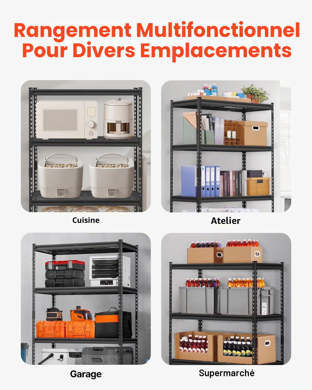VEVOR Étagère de Rangement, 1089 kg, Étagère de Garage Métallique Robuste Réglable, 4 Niveaux, 508 x 1016 x 1524 mm, Meuble Rayonnages de Stockage, pour Cuisine, Atelier, sous-Sol, Buanderie, Noir