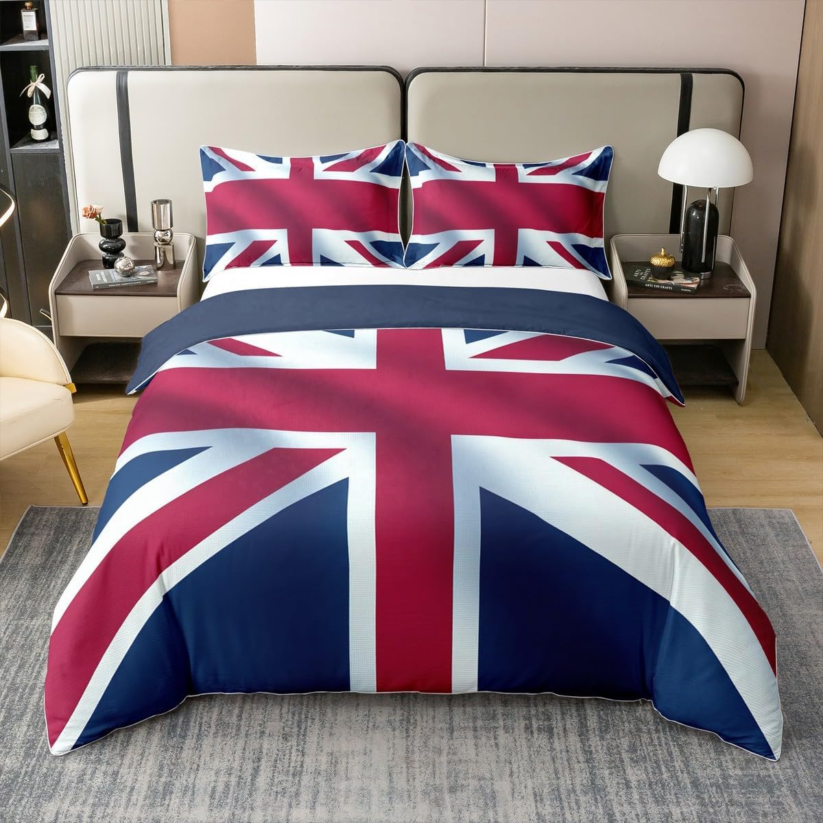 Erosebridal Union Jack 100% Cotton Duvet Cover Queen Size, Retro United Kingdom Flag Comforter Cover for Kids Boys Girls, Vintage London Microfiber Bedding Set for Bed, Red Blue England Quilt Cover