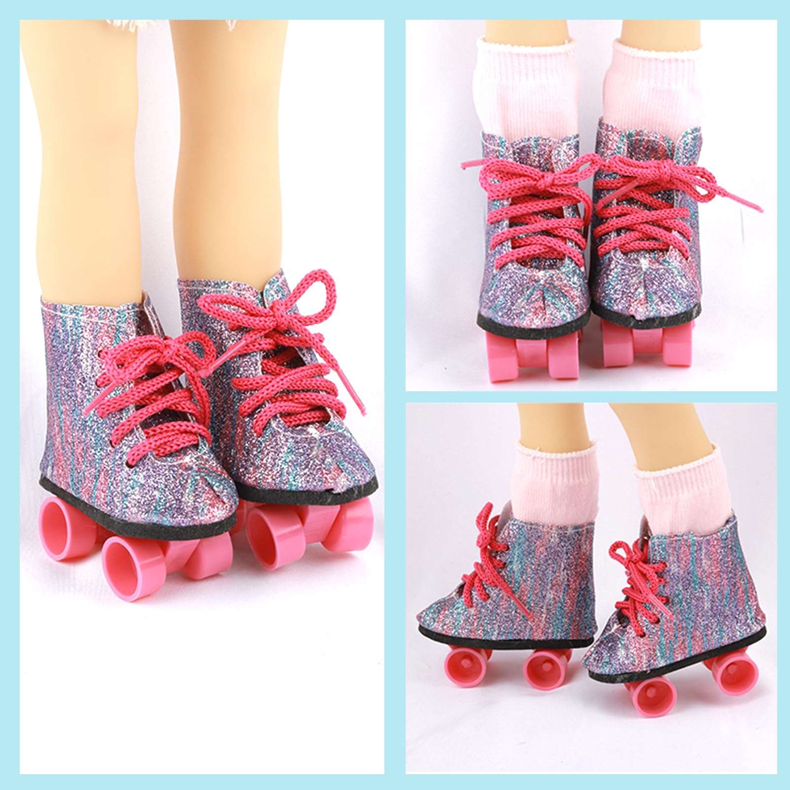 Zapatos de muñeca de 18 pulgadas – 5 pares de diferentes tipos (botas/patines/sandalias/zuecos) + 2 pares de calcetines rosa/blanco de 18 pulgadas accesorios para muñecas de 18 pulgadas, accesorios de 5