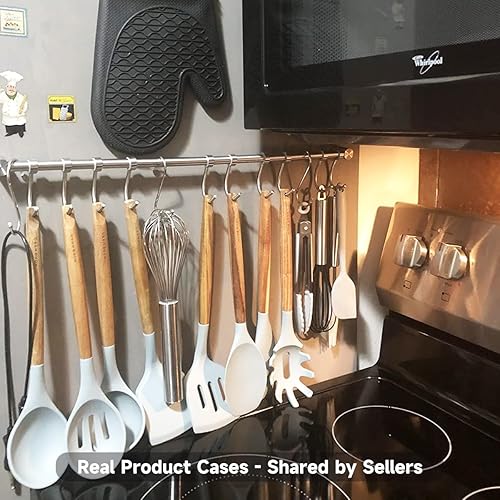 Miniatura 9 de Estante colgante de cocina, soporte para ollas de pared de 20 pulgadas con 10 ganchos deslizantes silenciosos, organizador de rieles para utensilios