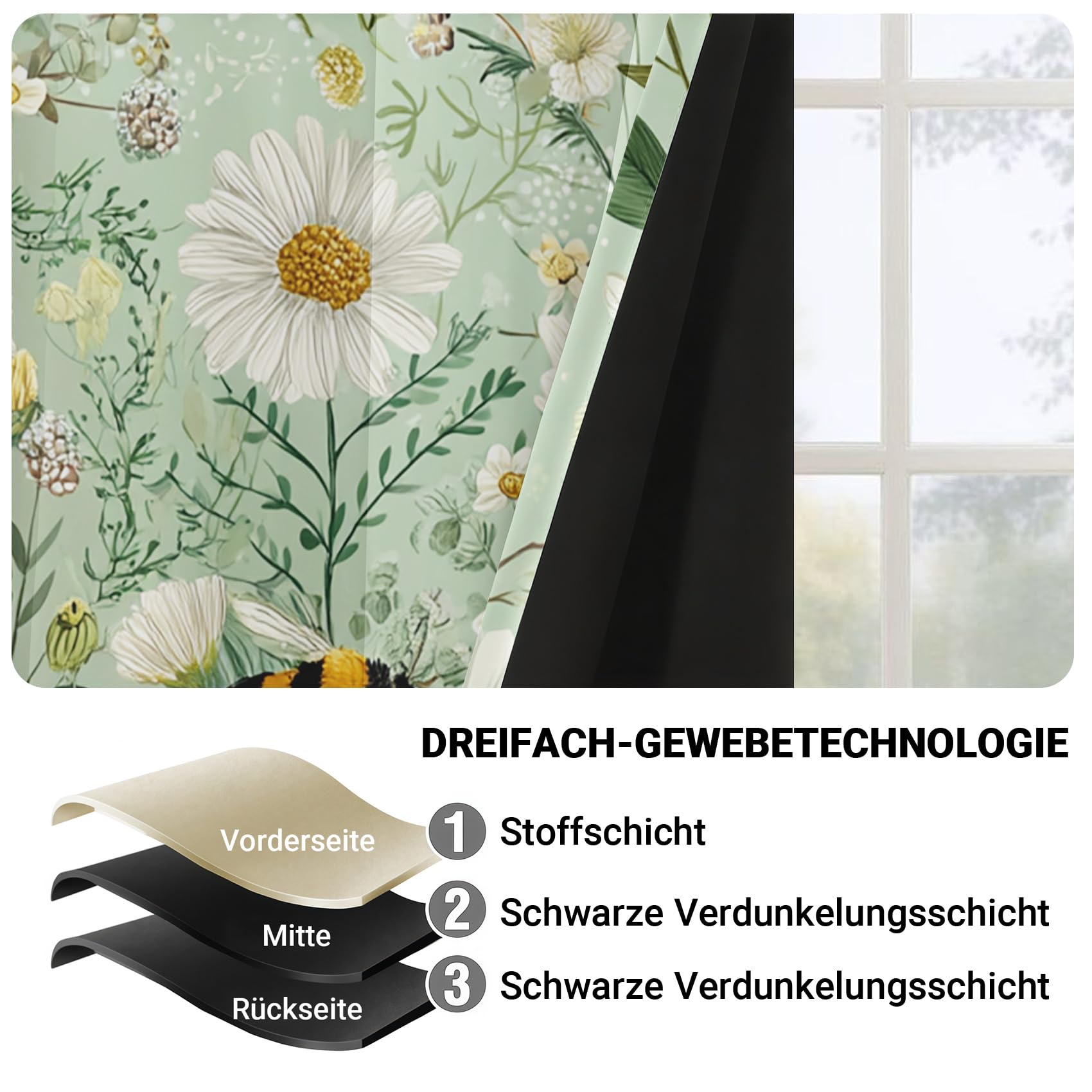 Générique Rideau Marguerite Abeille Rideaux Chambre Salon Fleur Vintage Rideau Occultant Thermique Isolant Anti-Chaleur Phonique Lot de 2 Rideaux à Oeillets 140x260 cm YGY38s