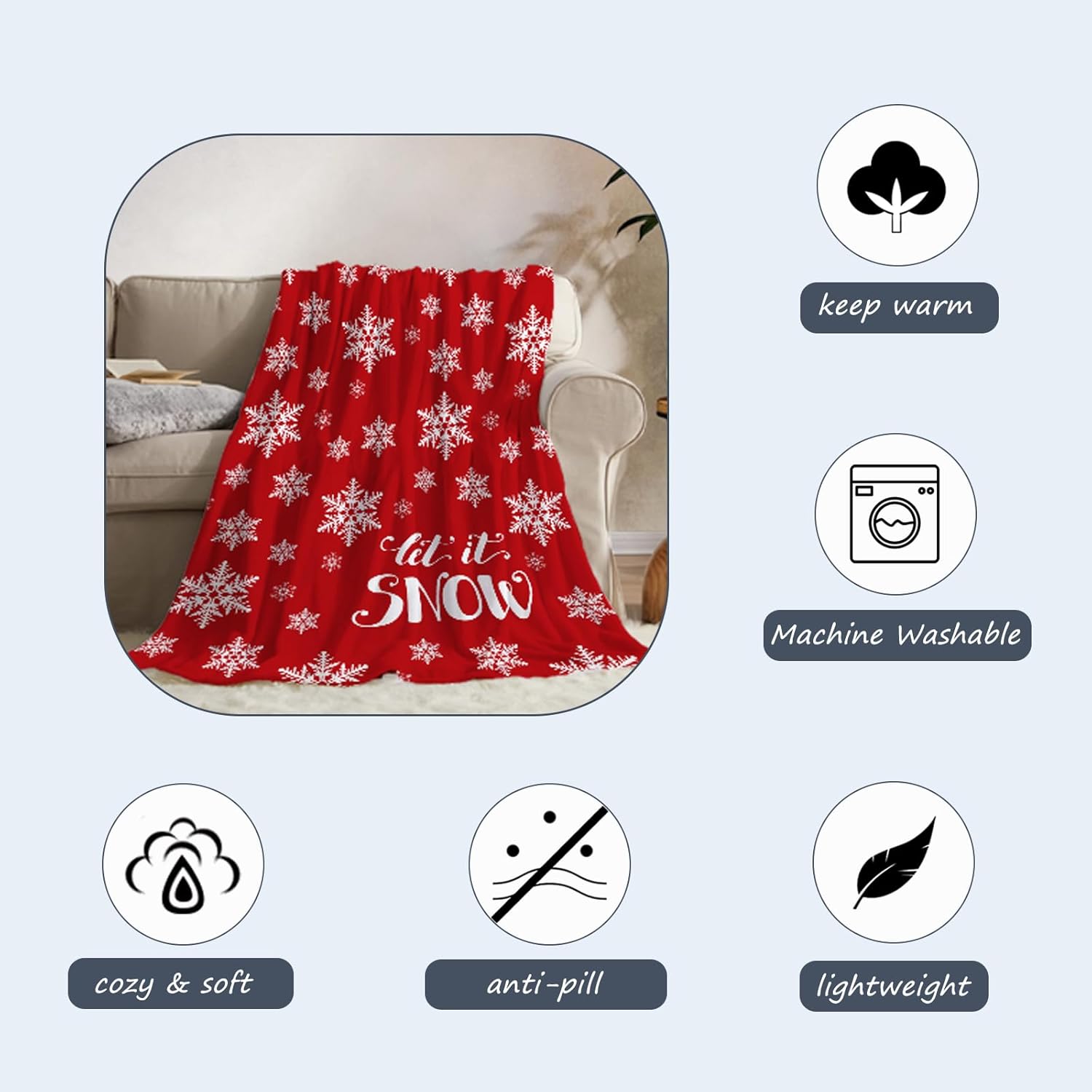 Neatee Living Christmas Decorative Throw Blanket Red Christmas Snowflake Throw Blanket Xmas Blanket for Couch Sofa Bed Soft Let It Snow Fuzzy Plush Fleece Blankets and Throws 50x60 - Image 5