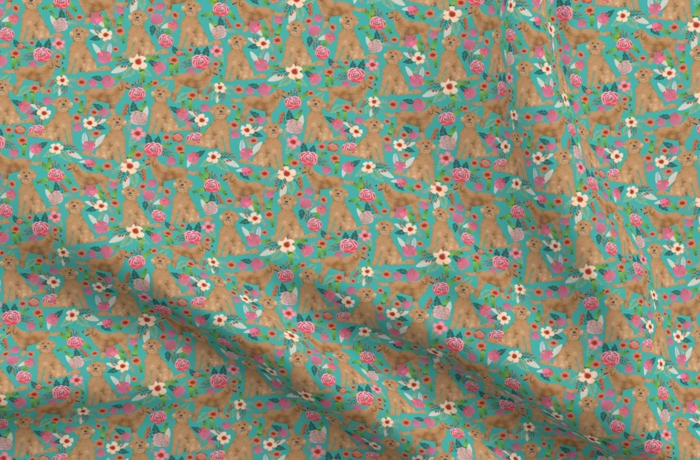 Spoonflower Fabric - Golden Doodle Floral Flowers Dog Pattern Turquoise Dogs Printed on Upholstery Velvet Fabric Fat Quarter - Upholstery Home Decor Bottomweight Apparel
