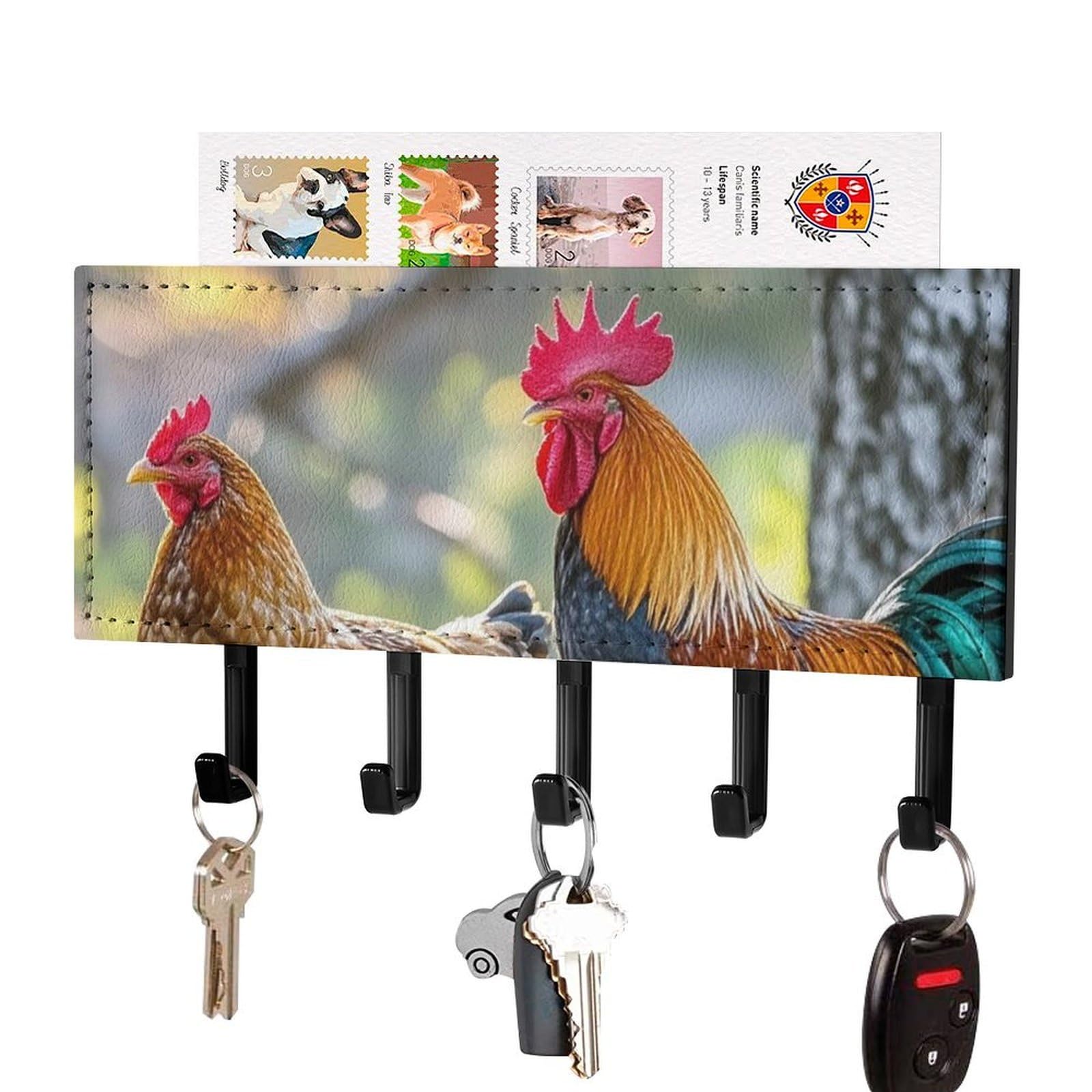FekiLoot Beautiful Rooster Hen Key Holder Wall Mount Key Hanger with 5 Hooks Decorative Key Rack Hanging Key Hooks with Mail Organizer Key Holder for Wall Living Room Kitchen Bathroom Hallway Black